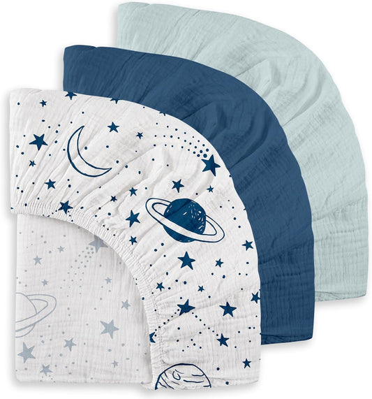 Gllquen Baby Muslin Mini Crib Sheets 3 Pack, Breathable Pack and Play Sheets Fitted Soft Cozy Cotton Pack N Play Sheets for Baby Boy Girls, Universal Fitted Mini Crib Mattresses 38"x26" (Blue)