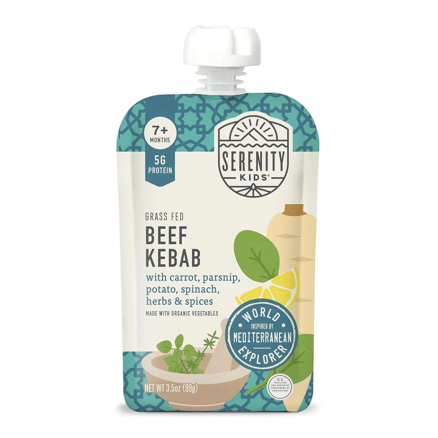 Serenity Kids 7+ Months World Explorers Baby Food Pouches Puree Made with Ethically Sourced Meats & Organic Veggies - 3.5 Ounce BPA-Free Pouch - Beef Kebab - 12 Count Meat Baby Food