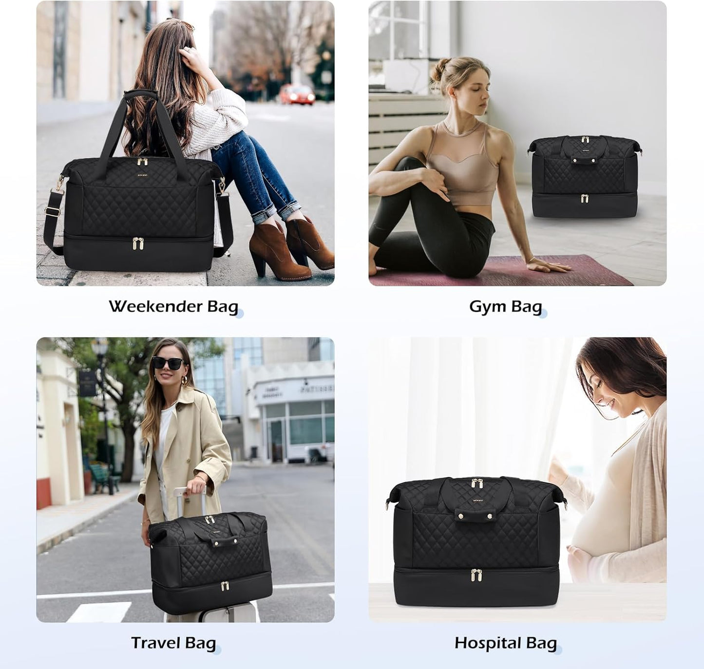 Travel Duffel Bag for Women Weekender Overnight Carry on Tote Duffle Bag Personal Item Bag with Shoe Compartment for Business,Trips,Travel,Sports,Gym,Yoga,Hospital, 3 Pcs Set, 43L,Black