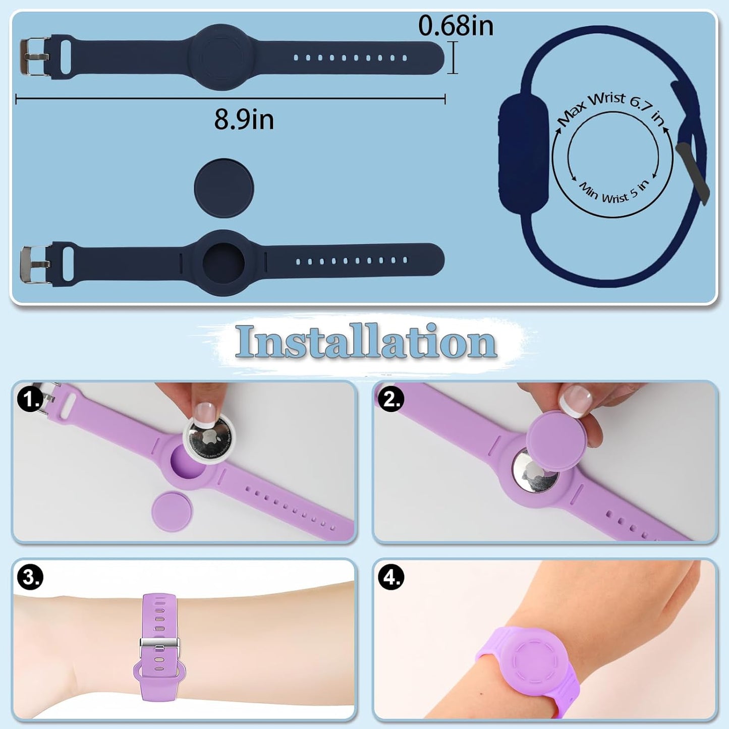 Waterproof Airtag Bracelet for Kids, Silicone Hidden Holder Compatible with Apple Air Tag Case, GPS Tracker Anti-Lost Adjustable Airtag Wristband for Toddler Child (Navy)