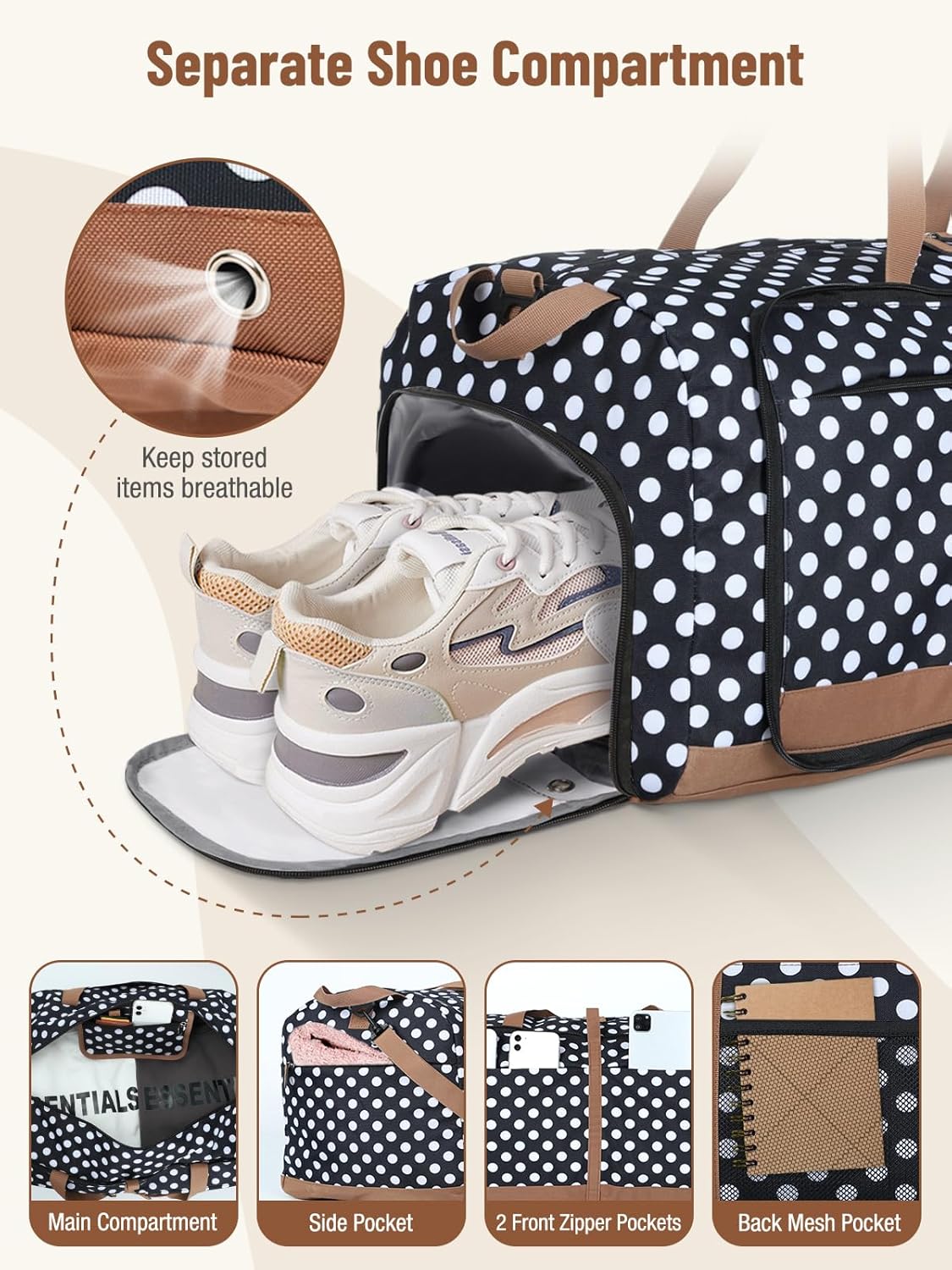 Lekesky Foldable Travel Duffel Bag for Women, 80L Large Duffle Bag with Separate Shoes Compartments & Straps, Carry On Weekend Bag for Women, Hospital, Overnight(Polka Dots)