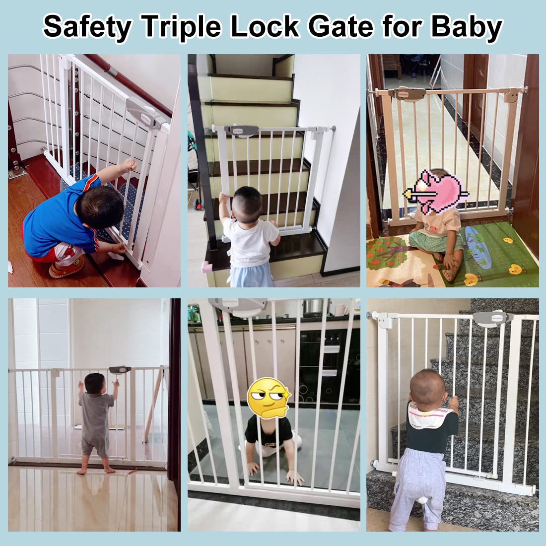 WAOWAO Triple Lock Baby Gate Extra Wide 62.59-67.32" Pressure Mounted Walk Through Swing Auto Close Safety Black Metal Dog Pet Puppy Cat for Stairs,Doorways,Kitchen