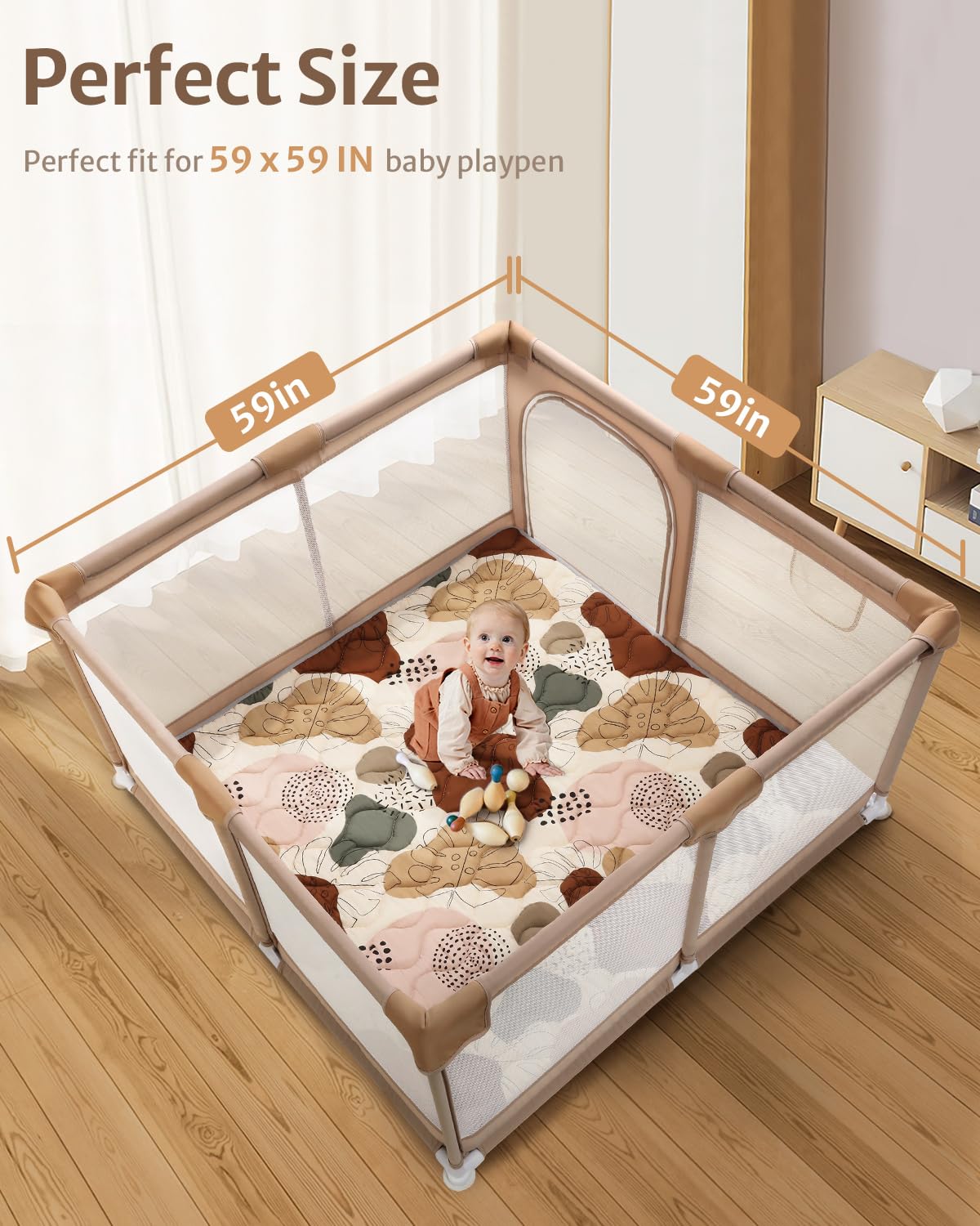 Blissful Diary Baby Play Mats for Floor, 59x59 Inch Thicker and Larger Soft Cushioning Foam Playmats for Babies and Toddlers, Foldable Washable Baby Playpen Mat, Boho Design