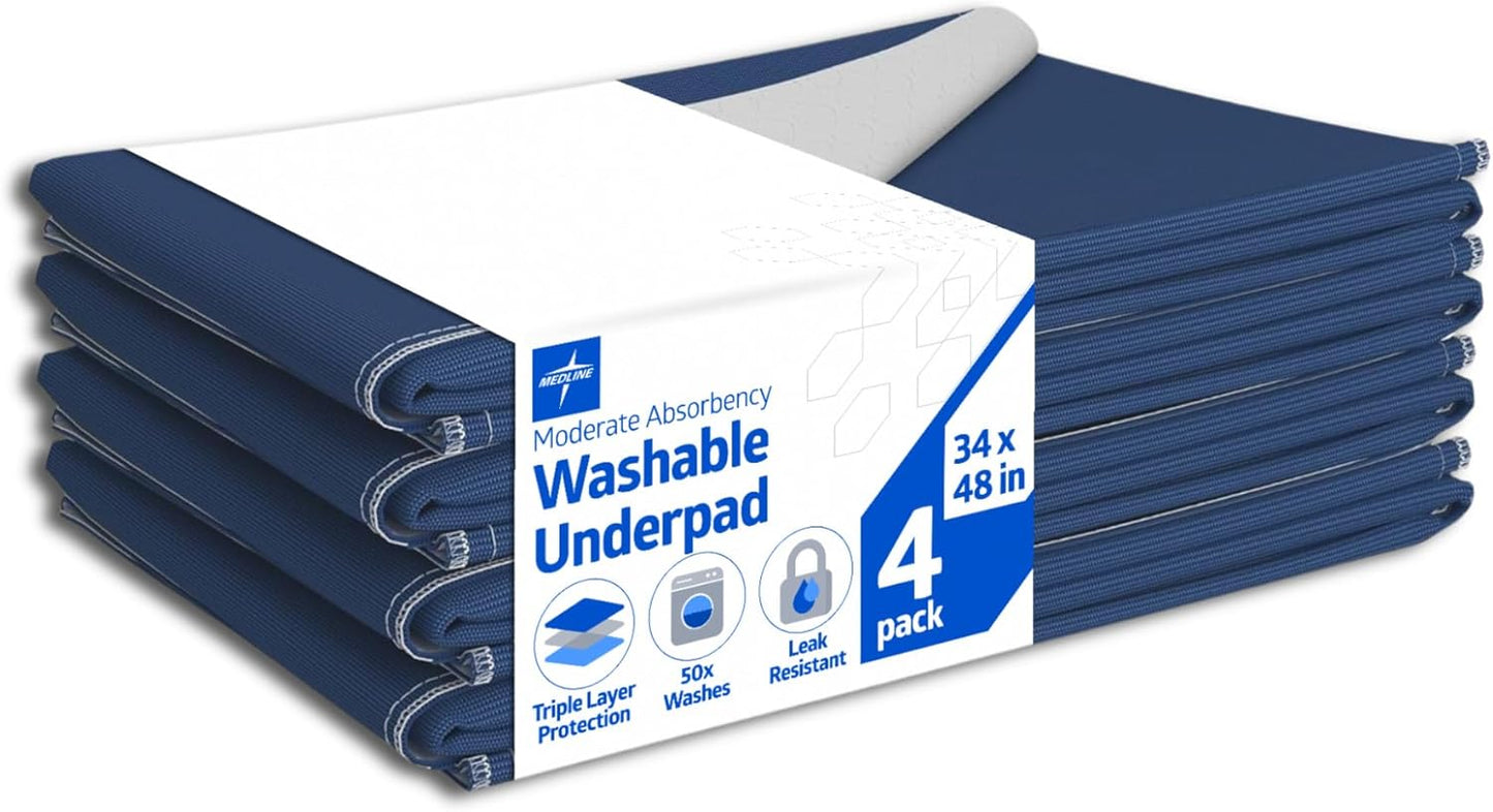 Medline Sofnit 300, Pack of 4 Large Washable Blue Underpads, 34”x 48” for use as reusable pet pads, reusable bed pads, great for dogs, cats and bunnies