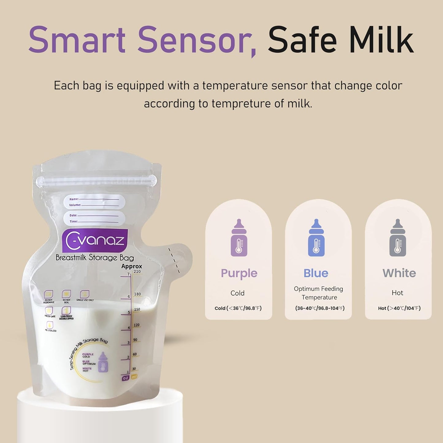 Breastmilk Storage Bags,120 Count 7Oz / 210 ml, Temp-Sensing Color Change, No Leak, Freezer Safe Bag, Presterilized Milk Storage Bag, Self Standing, Easy Pour Spout Milk Bag, Extra Thick