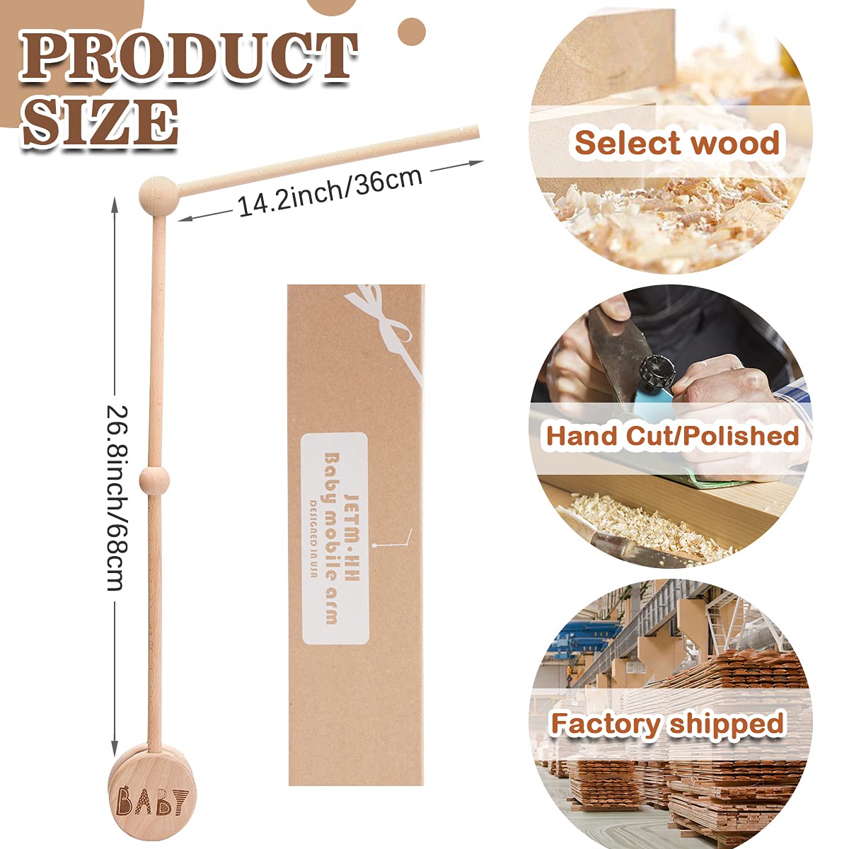 Baby Crib Mobile Arm Wooden Holder 30 inch Beech Hangers with Rotating Music Box Nursery Decor Attachment Safe Anti Slip Set