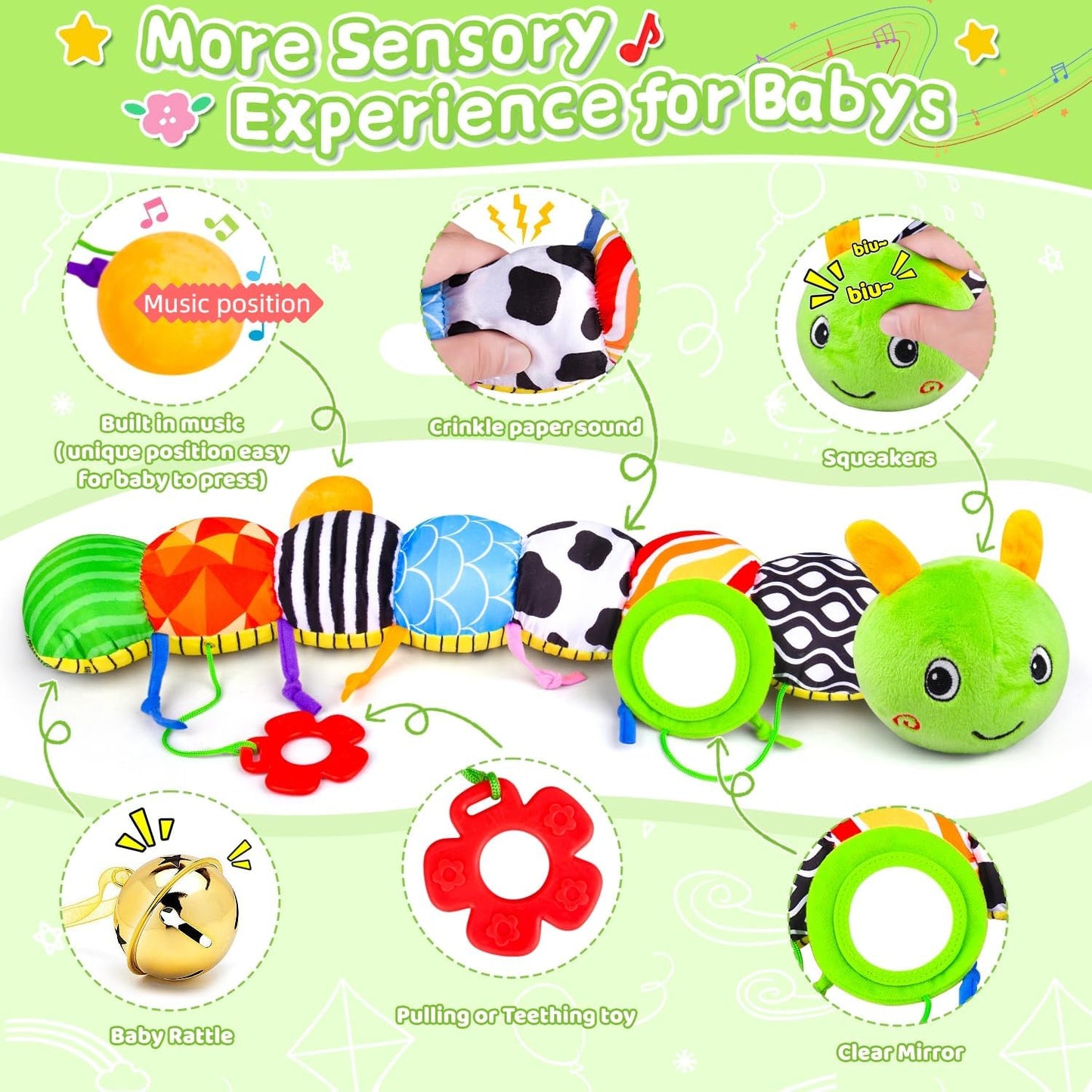 Baby Toys 0 to 12 Months, Stuffed Animal Infant Tummy Time Toys Sensory Toys with Crinkle, Rattles, Textures and Mirror Gifts for Newborn Boy Girls Toddlers, Caterpillar Musical Toy (Green)