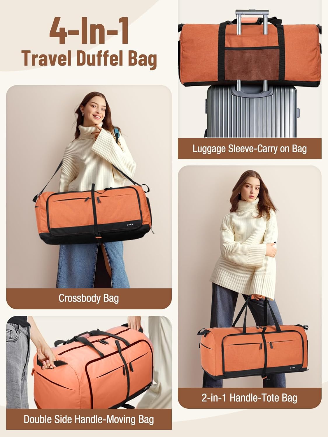 Lekesky Foldable Travel Duffel Bag for Women, 80L Large Duffle Bag with Separate Shoes Compartments & Straps, Carry On Weekend Bag for Women, Hospital, Overnight(Orange)