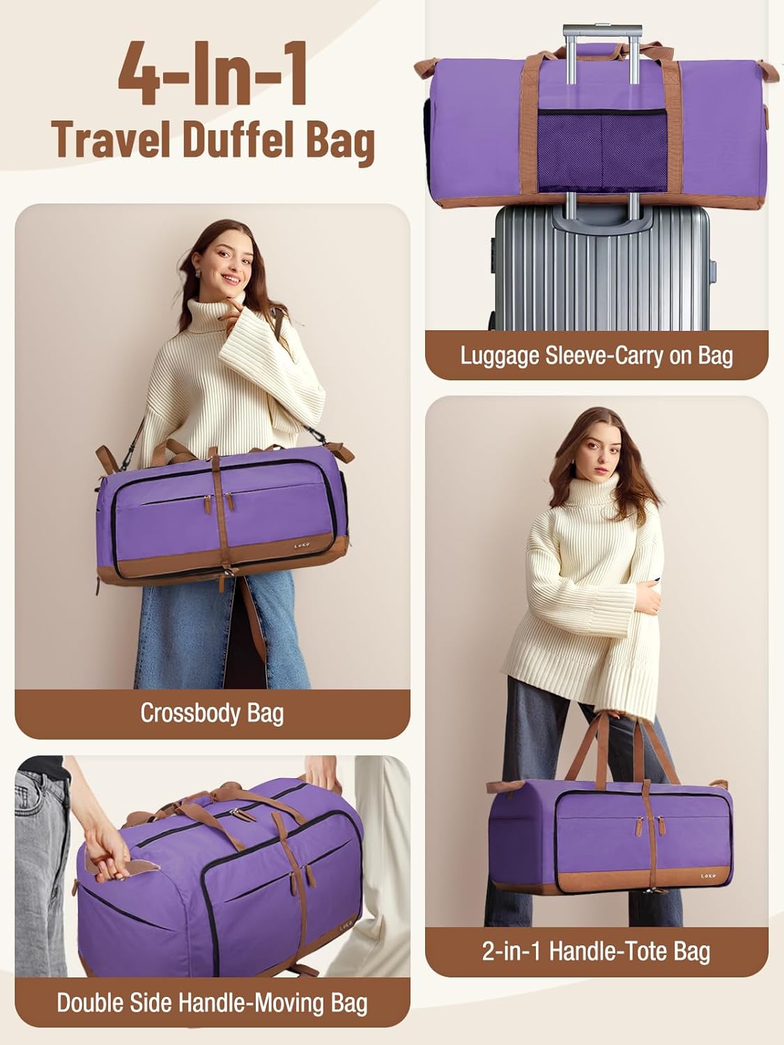 Lekesky Foldable Travel Duffel Bag for Women, 80L Large Duffle Bag with Separate Shoes Compartments & Straps, Carry On Weekend Bag for Women, Hospital, Overnight(Purple)