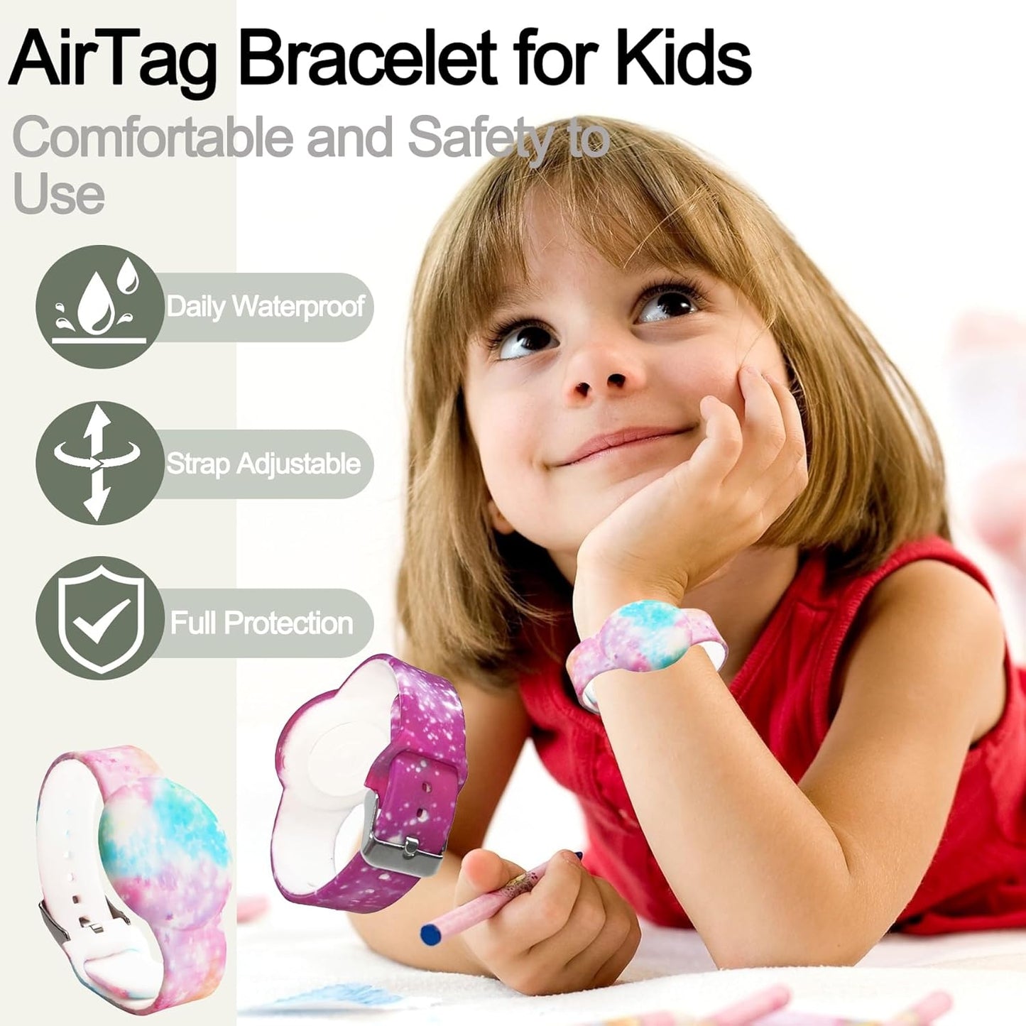 Waterproof AirTag Bracelet for Kids, Hidden Printed Wristband for Apple Air Tag, Silicone AirTag Holder GPS Tracker Case for Band for Child Toddler, Secure Anti-Lost Protection(Starry Sky Purple)