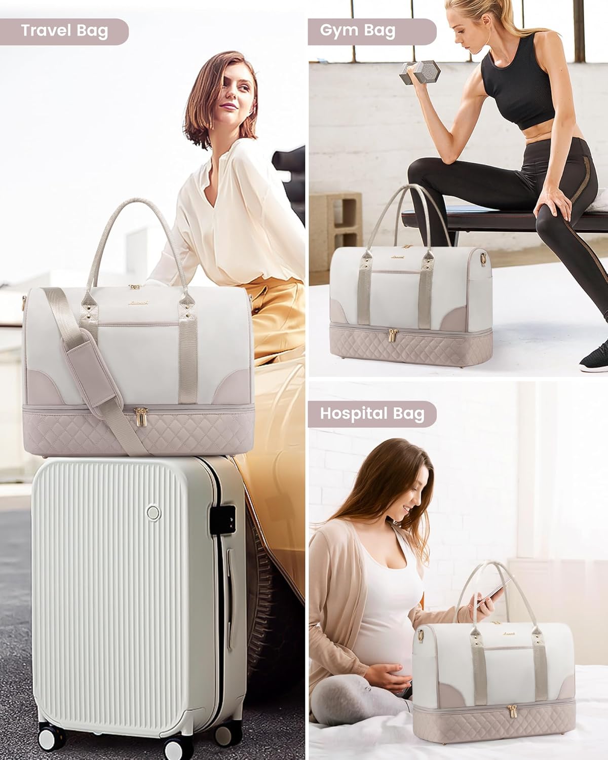 LOVEVOOK Travel Bag,Weekender Bag for Women Travel Duffle Bags with Shoe Compartment,Carry on Overnight with Wet Pocket,Hospital Bags for Labor and Delivery,3 Pcs Set