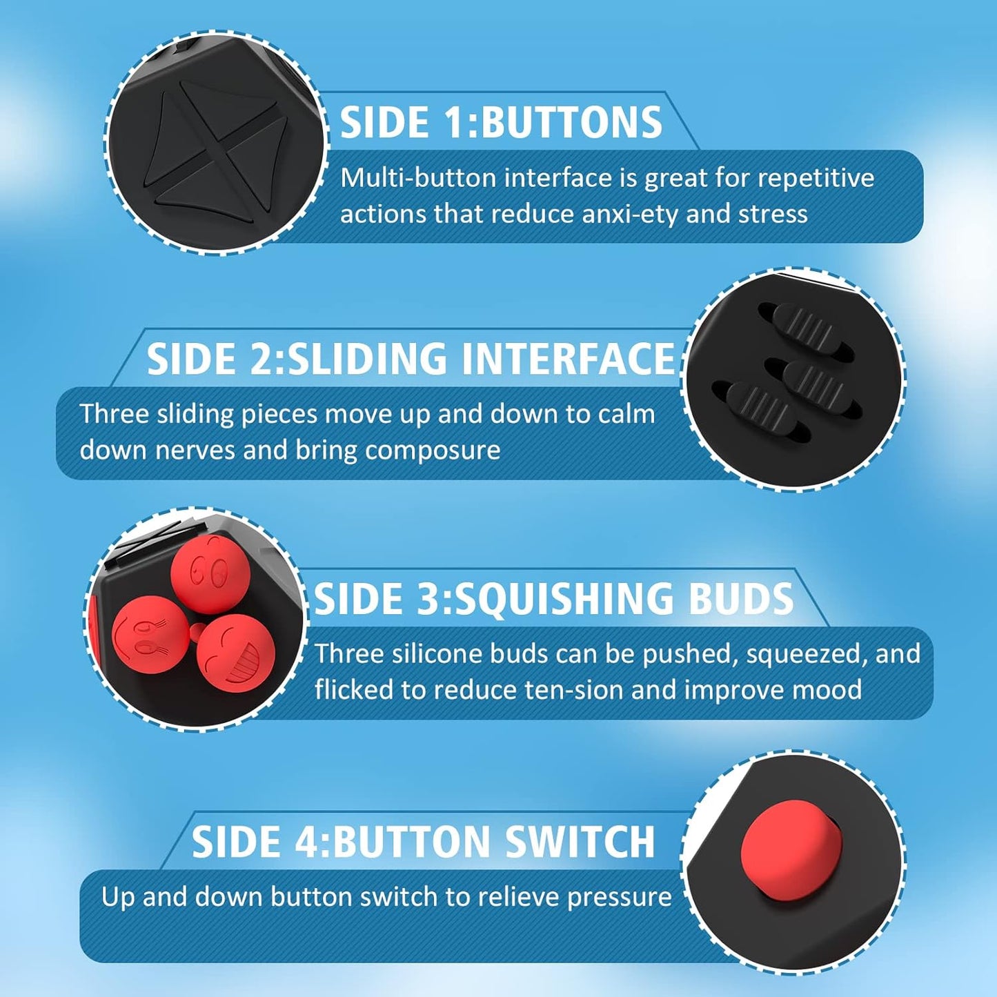 Fidget Dodecagon –12 Side Fidget Toy Cube Relieves Stress and Anxiety Anti Depression Cube for Children and Adults with ADHD ADD OCD Autism (A4 Black red)
