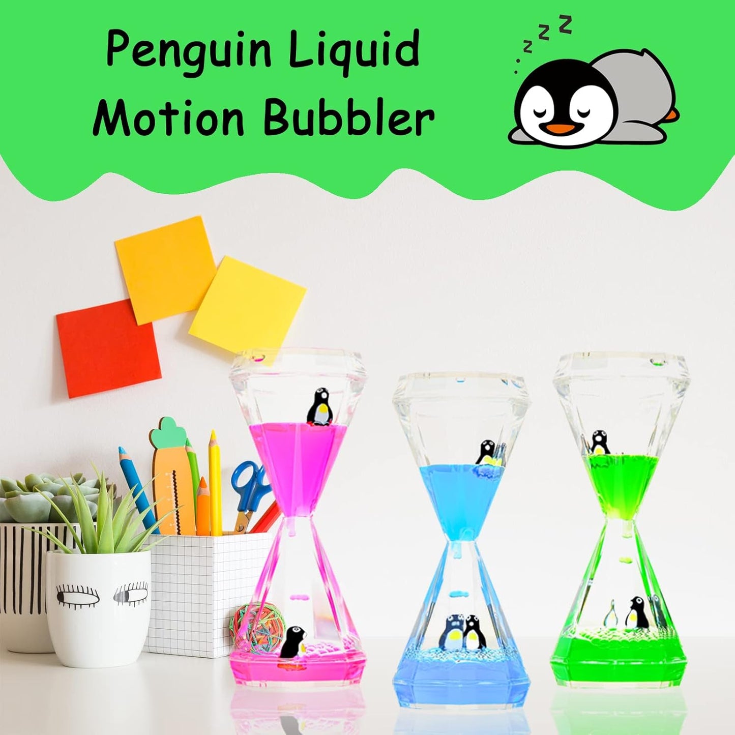 Liquid Motion Bubbler,3 Pack Diamond Shaped Penguin Liquid Timer for Sensory Play,Fidget Toy Stress Management for Kids and Adults,Colorful Calming Relaxing Hourglass