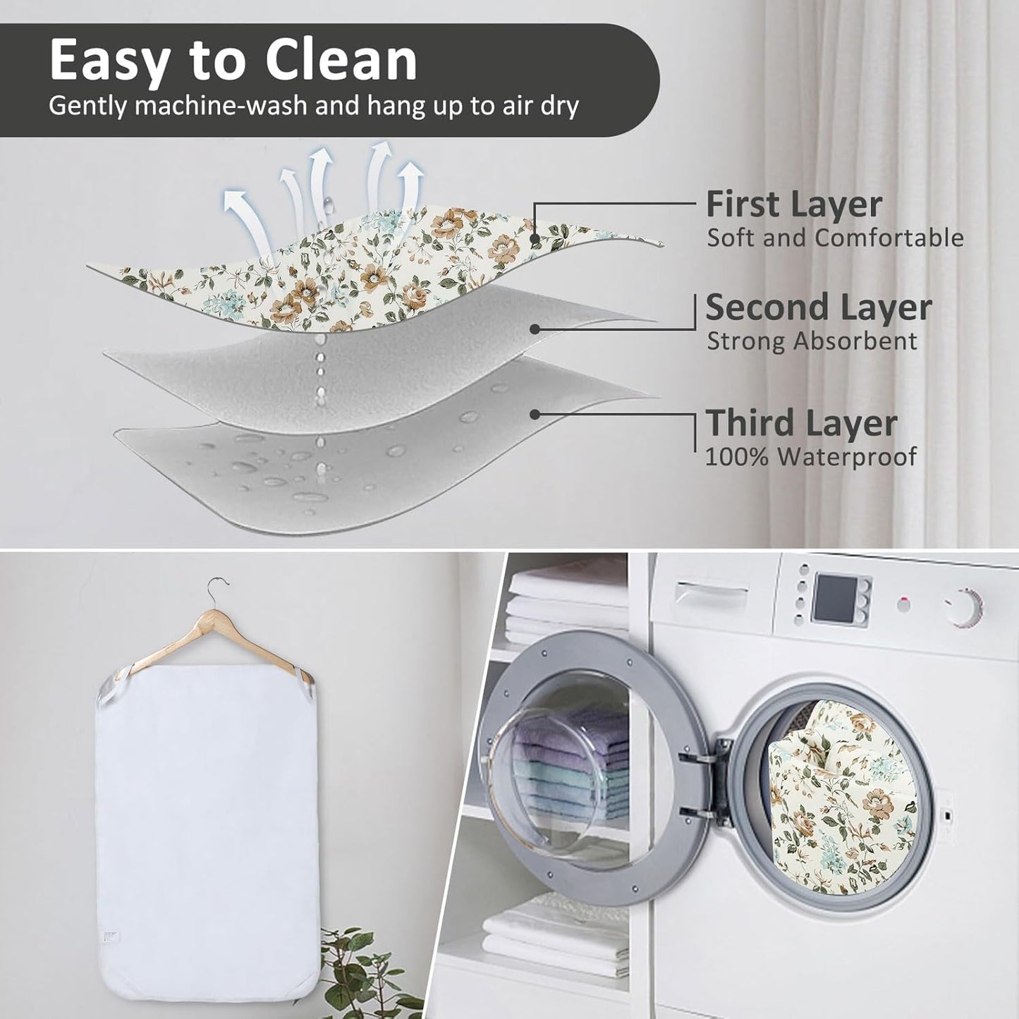 Baby Diaper Changing Pad, 21 5/8" x 31.5" Waterproof Changing Pad Liners - Reusable Soft and Absorbent Portable Changing Mat(Blue Flower1PCS)