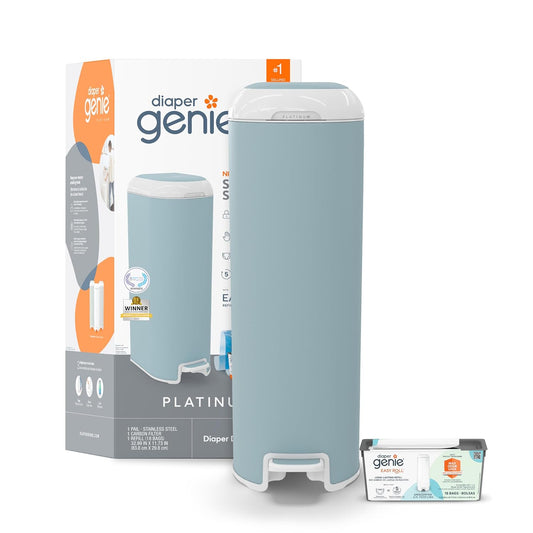 Diaper Genie Platinum Pail (Glacial Blue) is Made in Durable Stainless Steel and Includes 1 Easy Roll Refill with 18 Bags That can Last up to 5 Months.