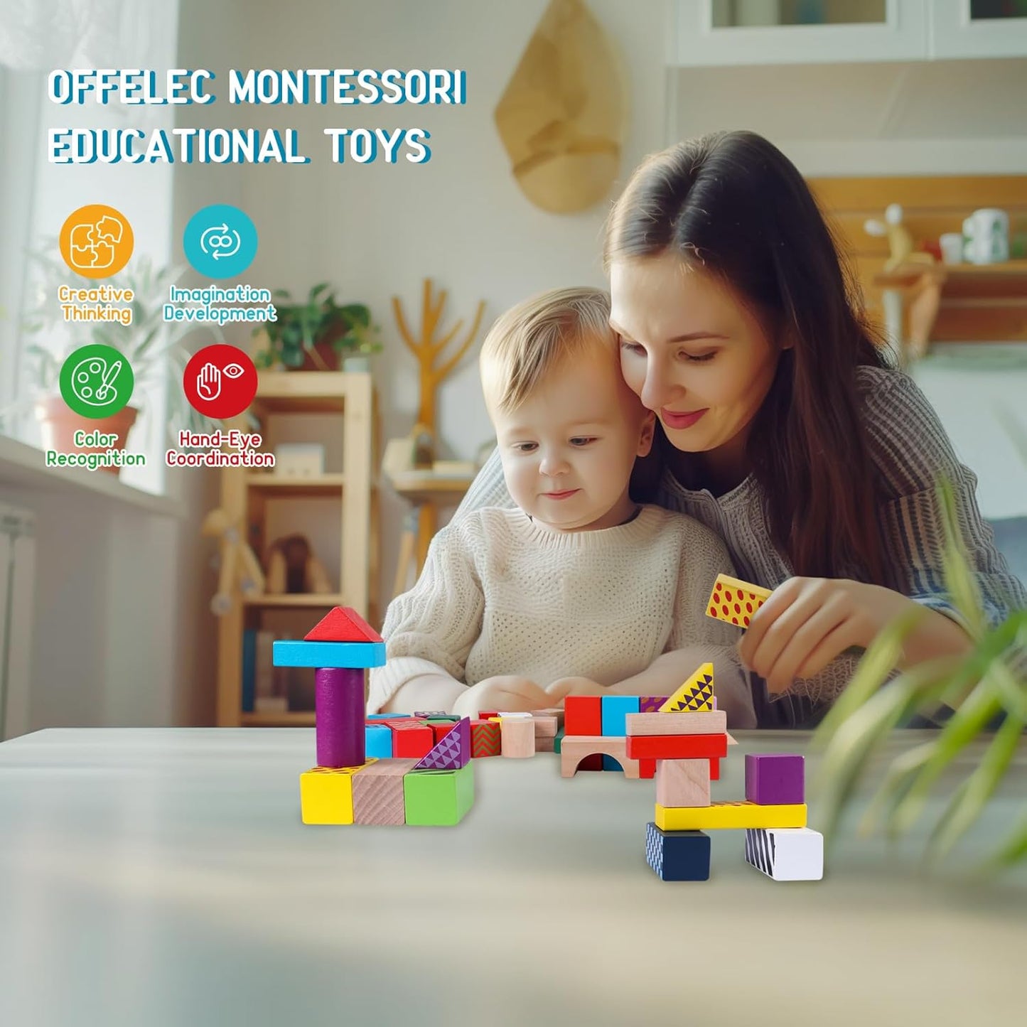Wooden Building Blocks for Toddlers 1-3, Montessori Shape Sorting & Stacking Toys, 50 Pcs Colored Wooden Blocks Set with Storage Bucket, Kids Building Toys, Stacking Blocks for Boys Girls