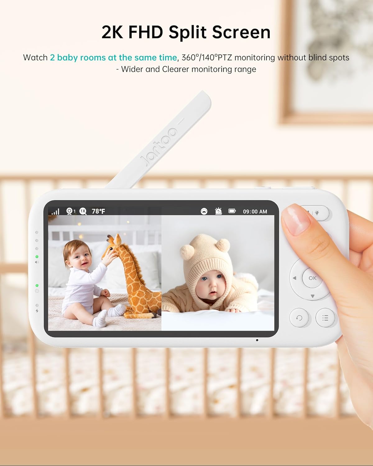 2K Video Baby Monitor with 2 Cameras and Audio, 3000ft Long Range Baby Monitor No WiFi, 5.5" Split Display, VOX - AI Cry Detect, ANR, IR Night Vision, 2-Way Audio, 6000mAh