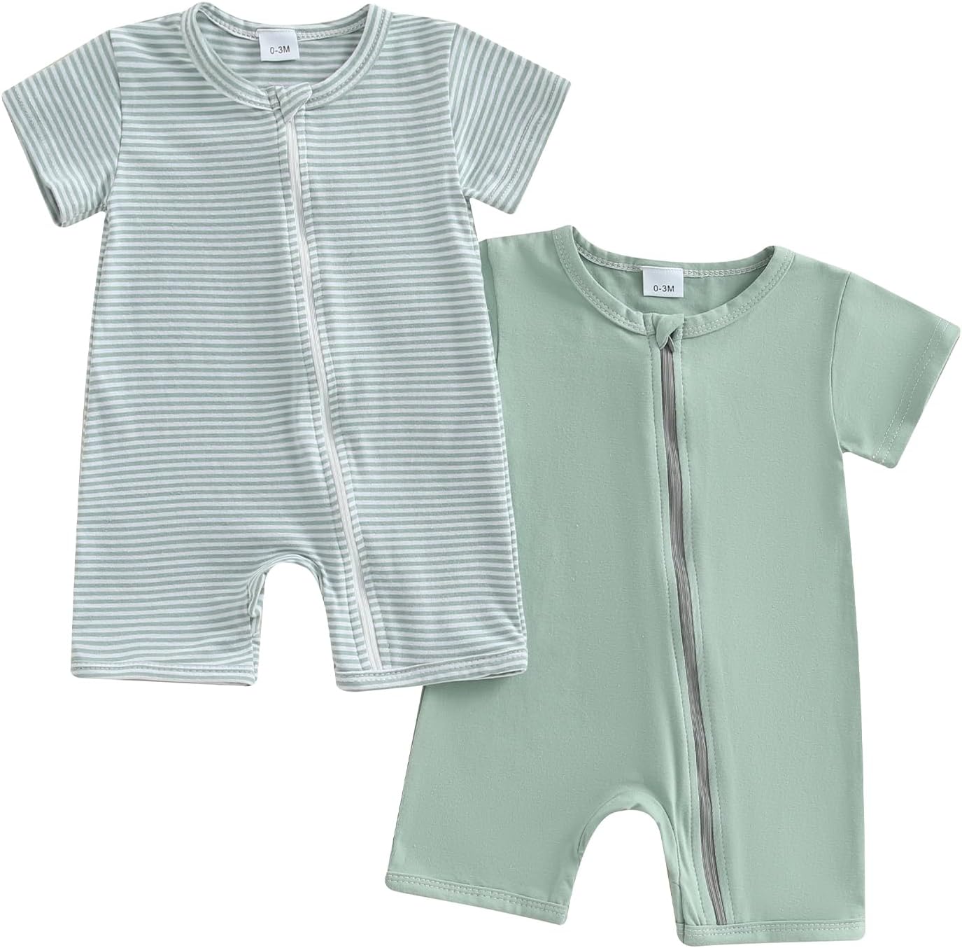 Merqwadd Baby Boy Girl 2 Pack Romper Short Sleeve Zipper Jumpsuit Plain Summer Clothes