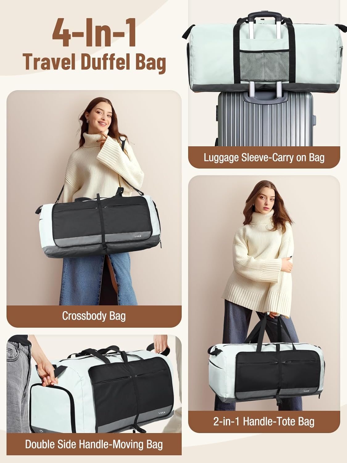 Lekesky Foldable Travel Duffle Bag for Women, Large Duffel Bag with Separate Shoes Compartments & Straps, Carry On Weekend Bag for Women, Hospital, Overnight (Grey & Brown, 60L)