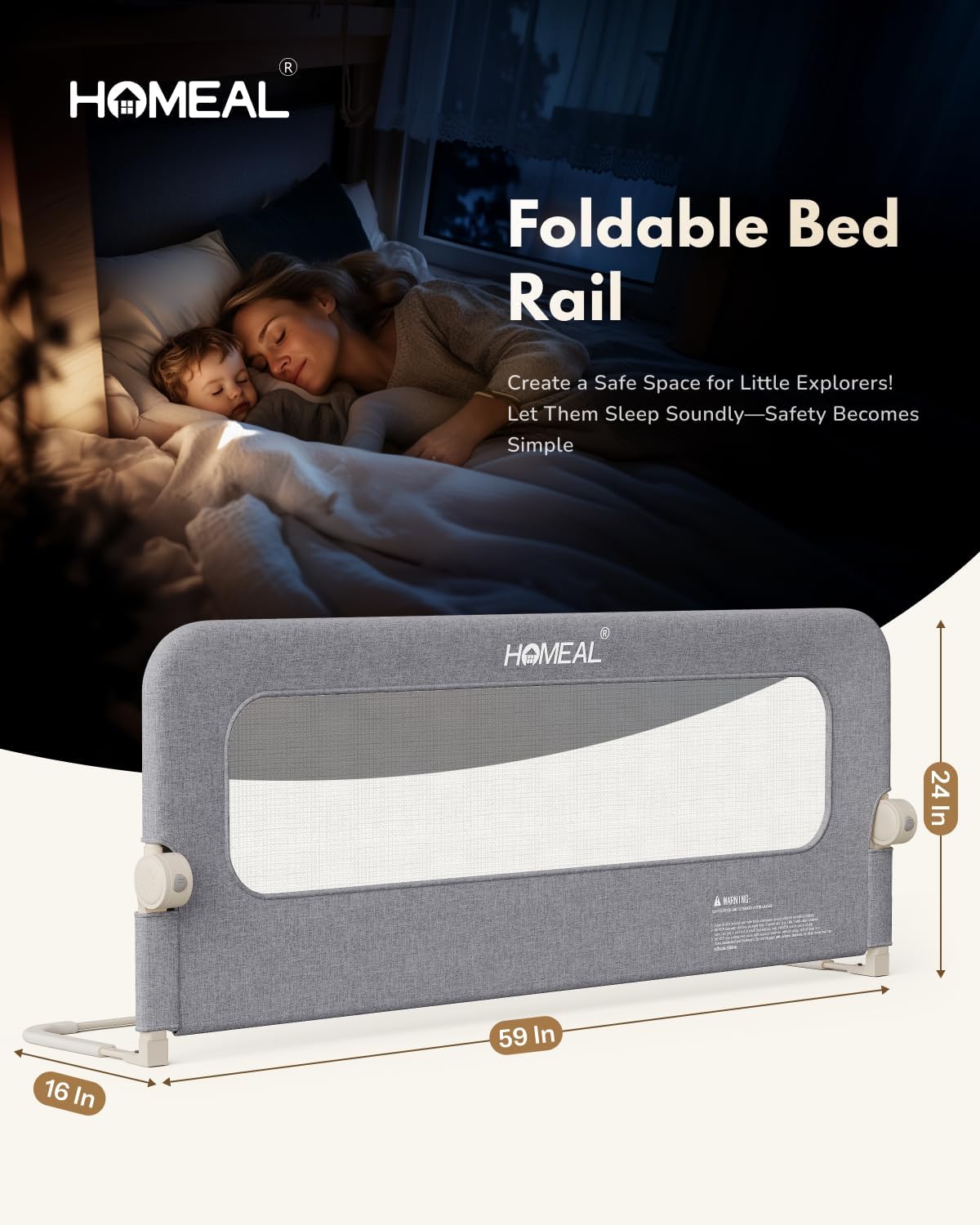 HOMEAL Bed Rail for Toddlers - 59"x24" Extra Long Foldable Toddler Bed Rails for King, Queen, Twin, Full, Double Bed - Breathable Guard Rail for Toddlers with U-Shape Base, Grey