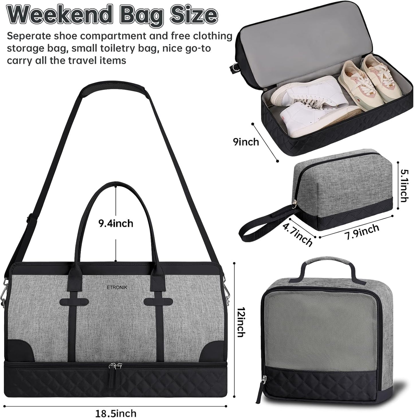ETRONIK Weekender Overnight Bags for Women, Large Travel Duffle Bags with Shoe Compartment & Wet Pocket, Carry On Gym Bag with Toiletry Bags for Hospital 3 Pcs Set, Large Size, Black-Grey