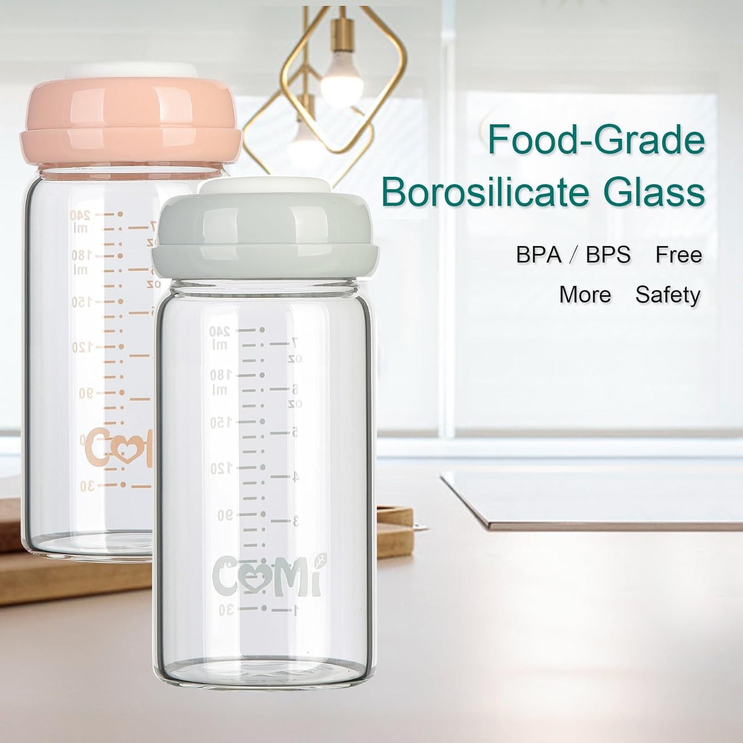 COMI Wide Neck Glass Breastmilk Collection n Storage Bottle, 6 Packs, 8oz with Screw Ring Sealing Disk; Re-markable Sealing Disc. BPA Free, Fits Breast Pumps & Nipples (3 Gray Lids + 3 Pink Lids)