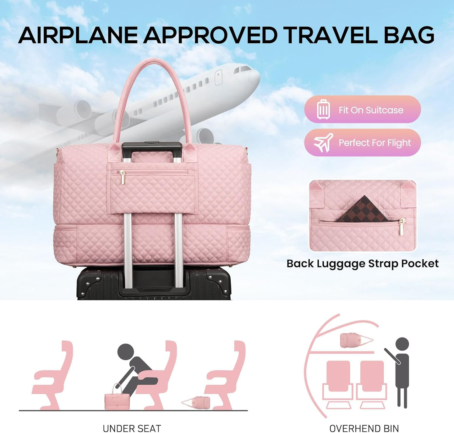 Travel Weekender Bags for Women - Large Duffle Bag with Shoe Compartment Carry On Overnight Bag with Toiletry Bag Pink Duffel Bags with Wet Pocket for Gym Hospital Bags for Labor and Delivery