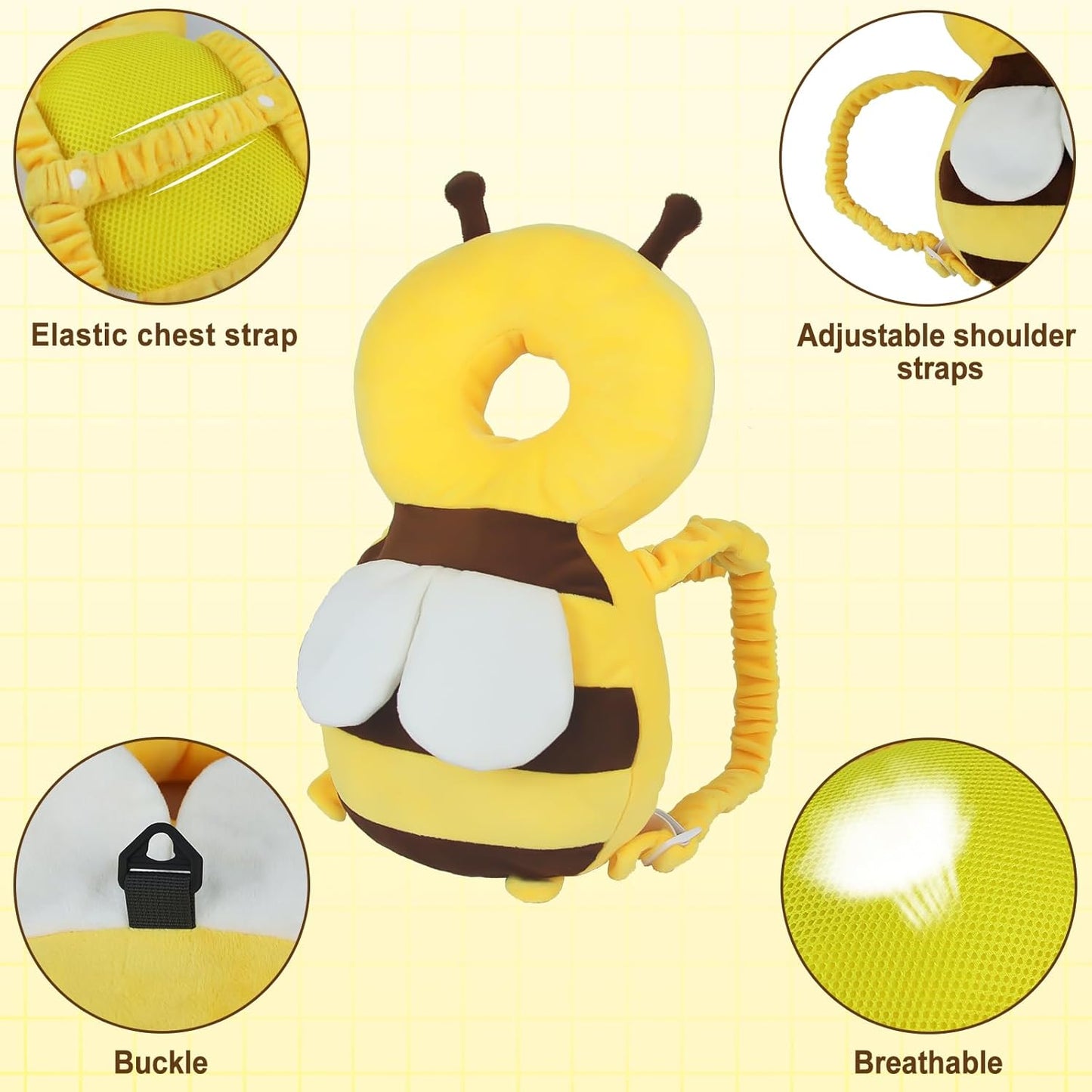Baby Head Protector Backpack with Toddler Leash, Anti Lost Wrist Link, Adjustable Toddler Head Protection Backpack, 3 in 1 Cute Baby Fall Back Head Protector for Crawling Walking Gifts(Yellow Bee)