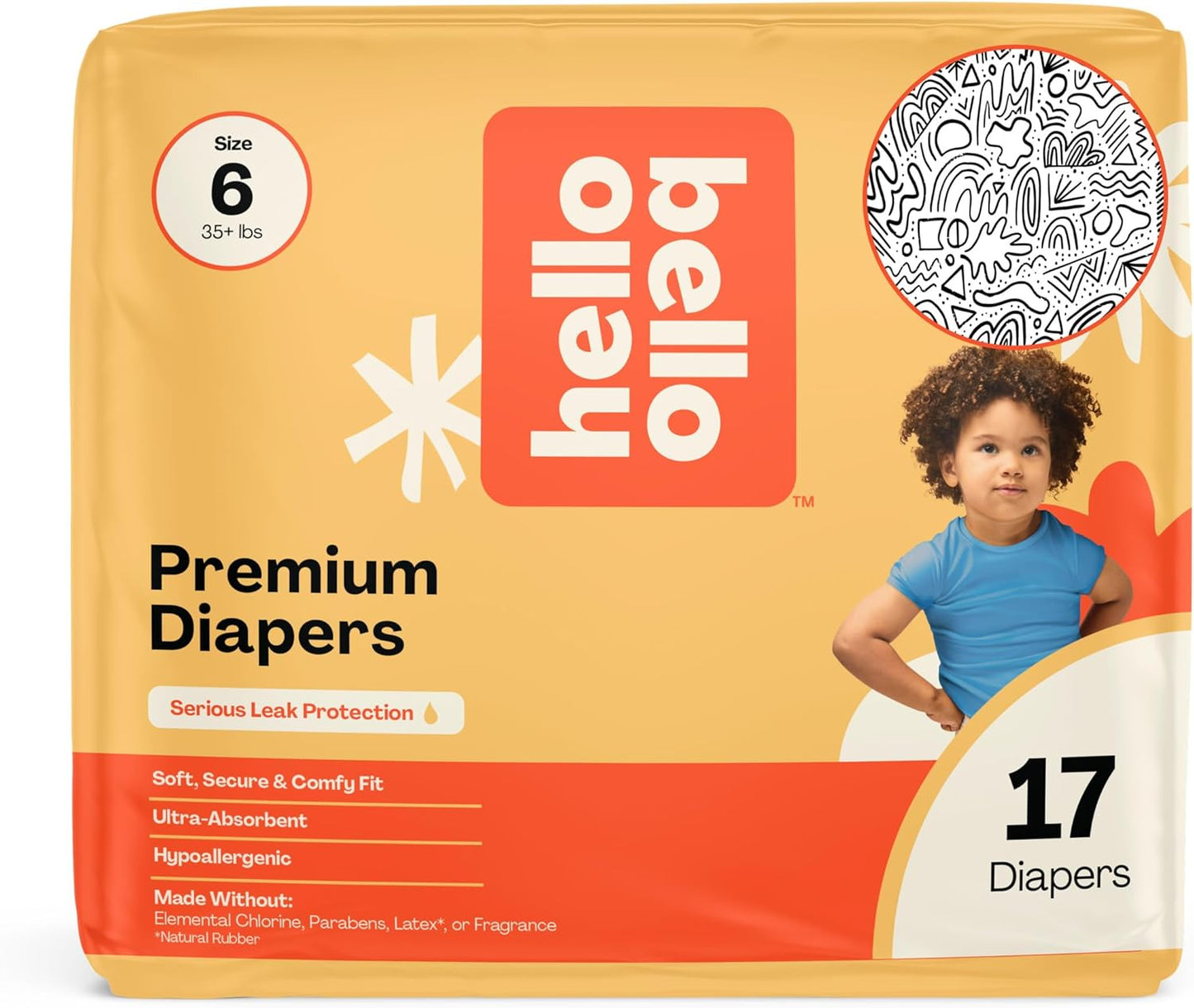 Hello Bello Premium Diapers Size 6 (35+ lbs) Daring Doodlers Designs, 17ct Jumbo Pack