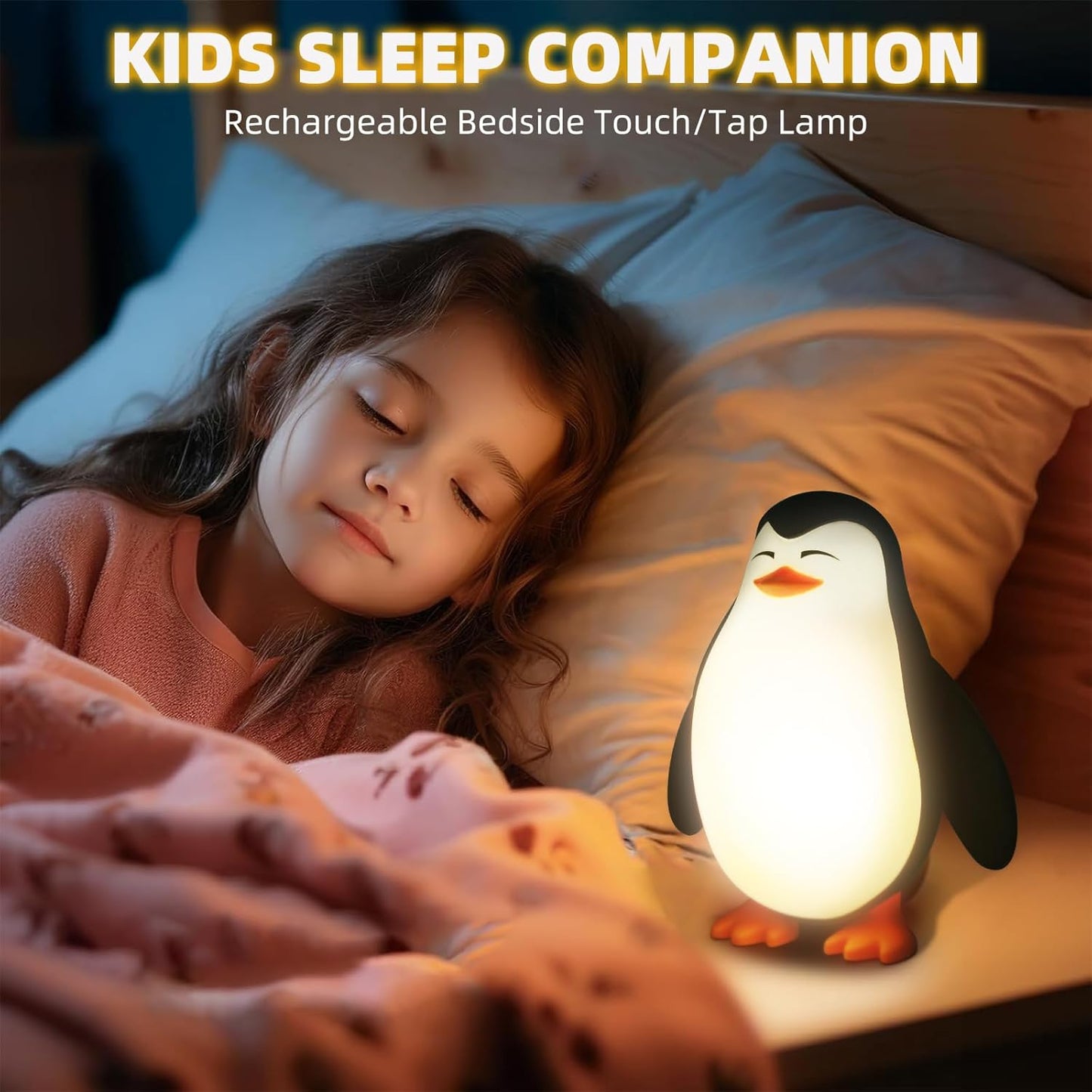 Tcamp Cute Penguin Night Light for Kids, 3 Level Dimmable Nursery Nightlight Lamp, Cute Silicone Squishy Lighted Penguin Tap Light, Rechargeable Bedside Touch Lamp for Toddler Baby