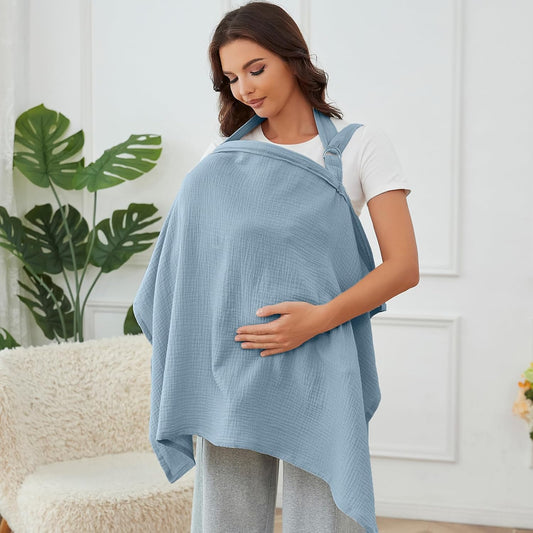 Muslin Nursing Cover for Breastfeeding, Breathable 100% Cotton Privacy Nursing Covers with Rigid Hoop for Mother Nursing Apron (Light Blue)