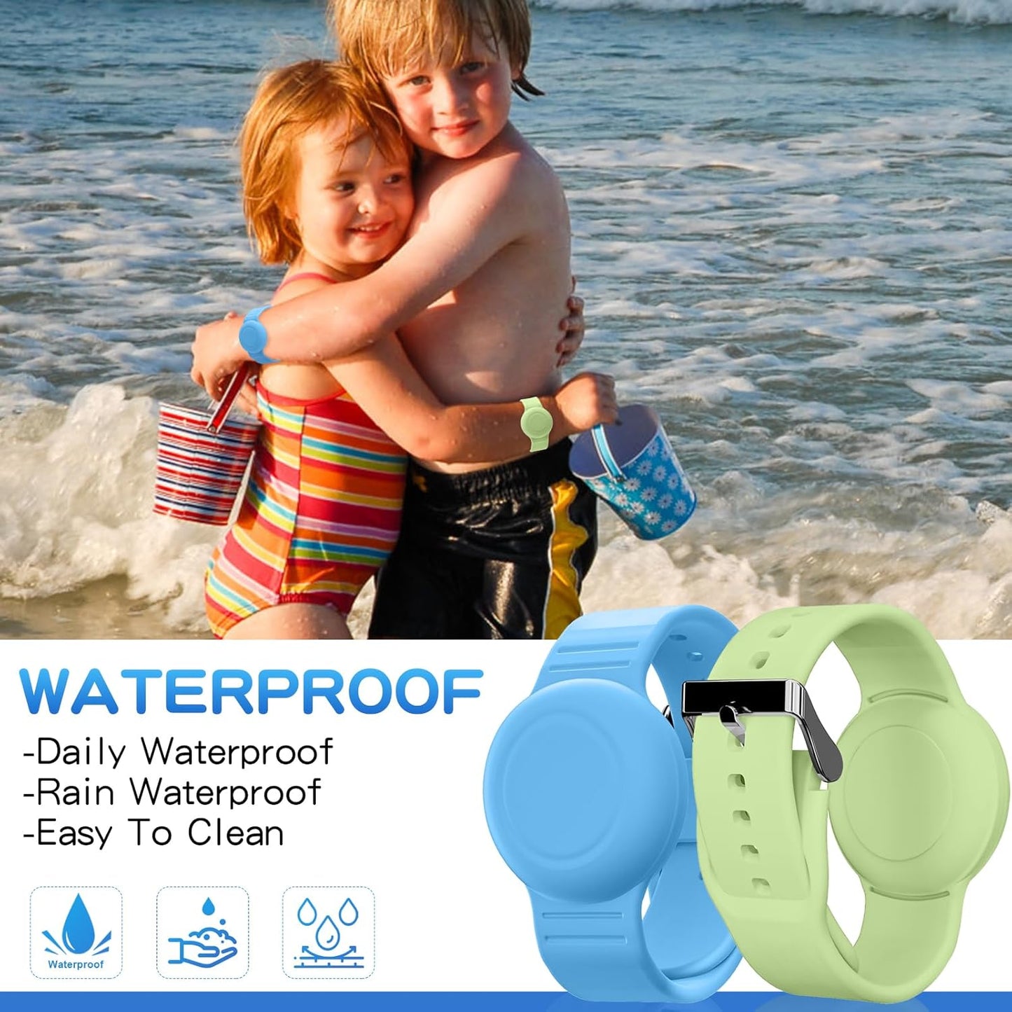 Waterproof Bracelet Compatible with Airtag Case for Kids(2 Pack), Soft Silicone Hidden Wristband, Lightweight GPS Tracker Compatible with Apple Air Tag Watch Band for Child (Grow in Dark Blue & Green)