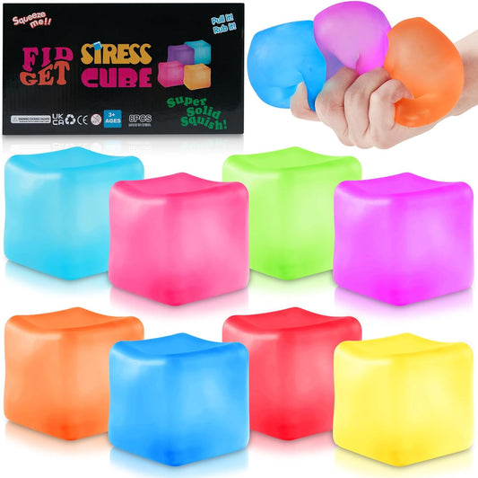 Stress Cube Fidget Ice Cube Stress Balls, 8 Pcs Stress Balls for Kids, Fidget Toys Adults Stress Relief Squeeze Ball, Square Shape Hand Exercise Ball, Sensory Toys for Autistic (Gel Sugar Cube 8Pack)