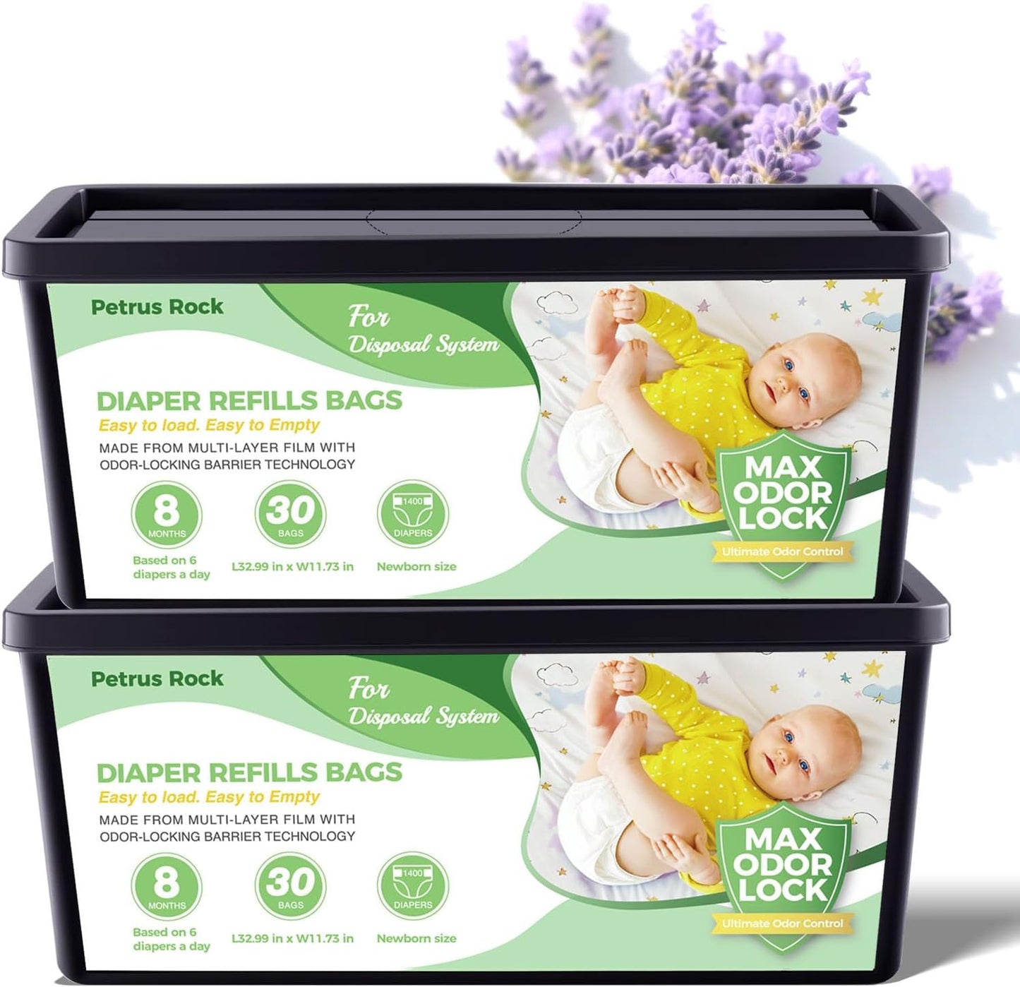 Diaper Pail Refills Bags | Compatible with Genie Easy Roll Refill Signature & Platinum Pails | 7-Layer Odor Control | Extra Thick | Lavender Scented diaper bags disposable for Nursery 2 Pack 60 count