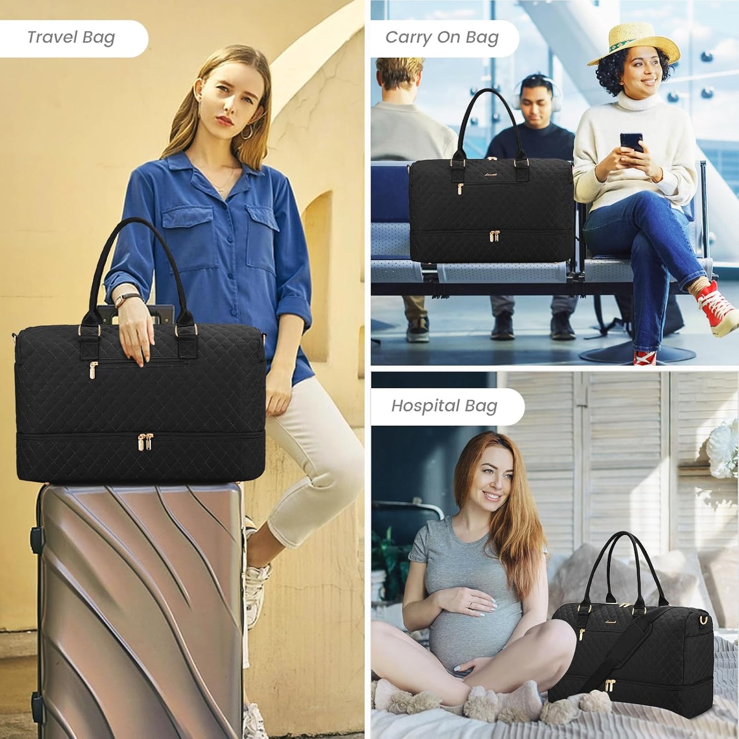 LOVEVOOK Travel Duffle Bag for Women, Weekender Overnight Bag with Shoe Compartment, Carry on Bag with Toiletry Bag, Gym Duffel Bag with Wet Pocket, Hospital Bags for Labor and Delivery 3 Pcs Set