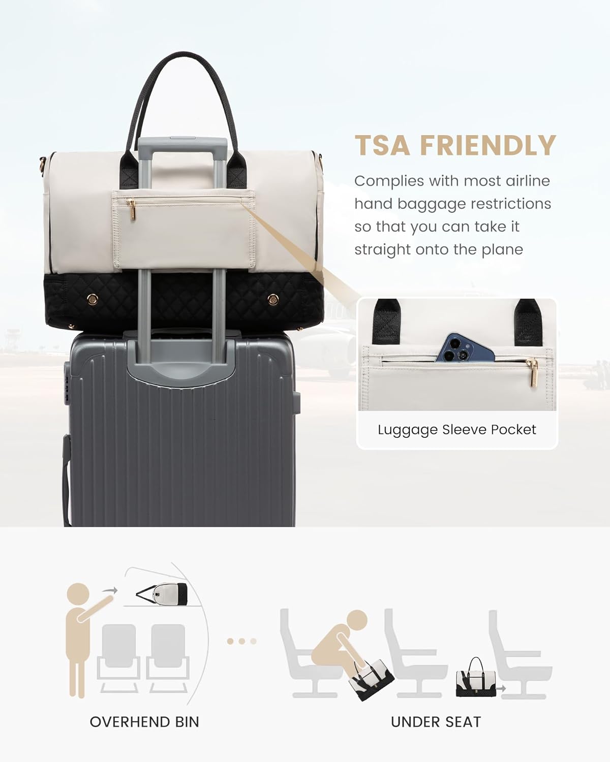 LOVEVOOK Women's 22" L x 14.5" H x 9.5" W Off White Nylon Travel Weekender Bag Set with Shoe Compartment, Wet Pocket, Trolley Sleeve & Shoulder Strap