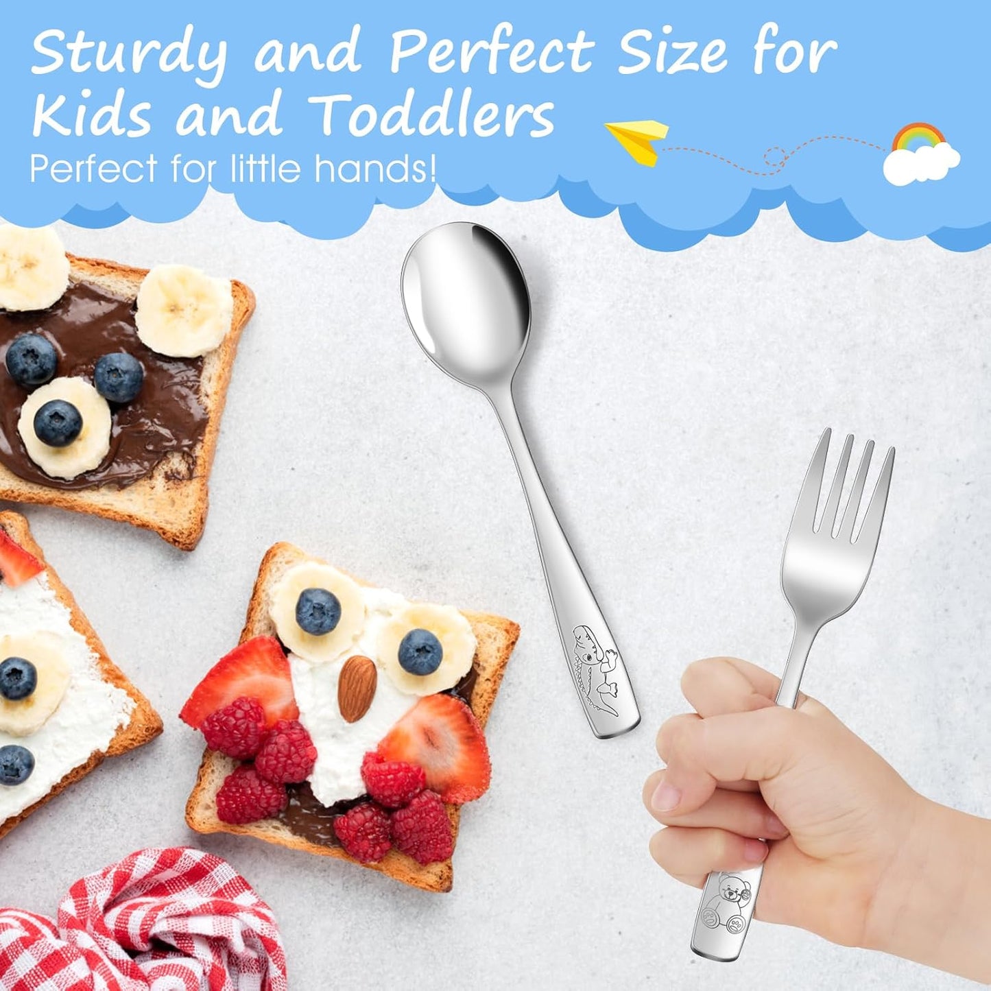 14-Piece Toddler Flatware, Kids Utensils Stainless Steel Cutlery Set, Children Safe Spoons and Forks with Ergonomic Handle, Easy to use and Dishwasher Safe (Crocodile and Bear)