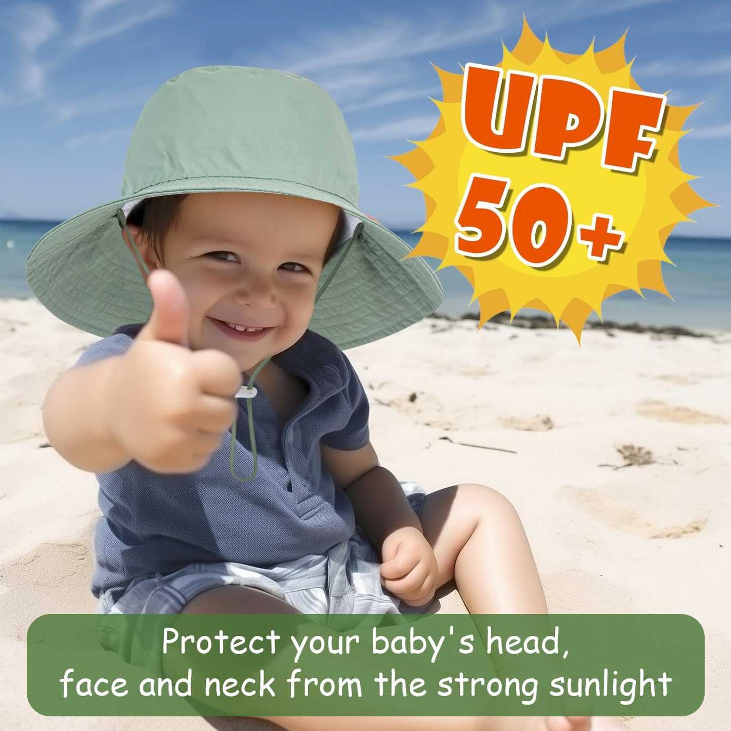 Baby Sun Hat Kids Summer UPF 50+ Toddler Bucket Hat Wide Brim Adjustable Beach Hats for Boys Girls Age 0-6 Years