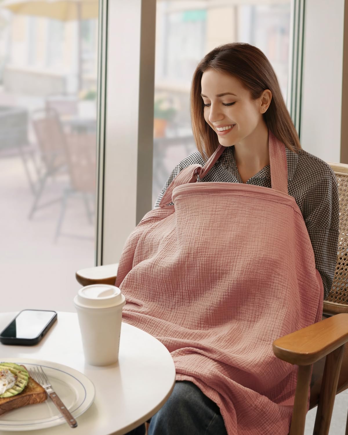 Blissful Diary Muslin Nursing Cover for Breastfeeding, Breathable Breastfeeding Cover up with Arch Neckline for Women, Nursing Apron (Dusty Pink)