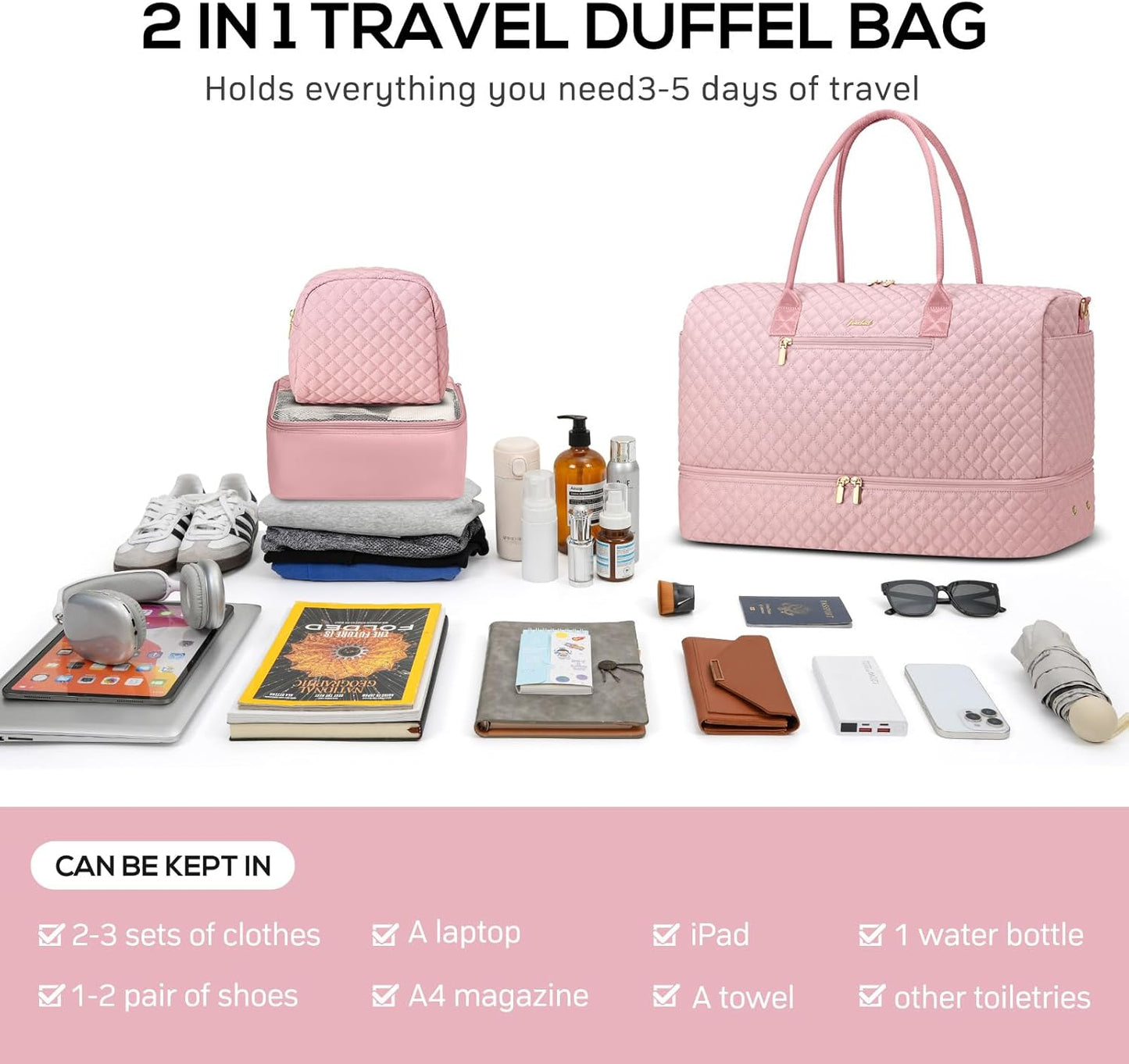 Travel Duffle Bag for Women Weekender Overnight Bag with Shoe Compartment with Gym with Wet Pocket for Labor and Delivery 3 Pcs Set Pink