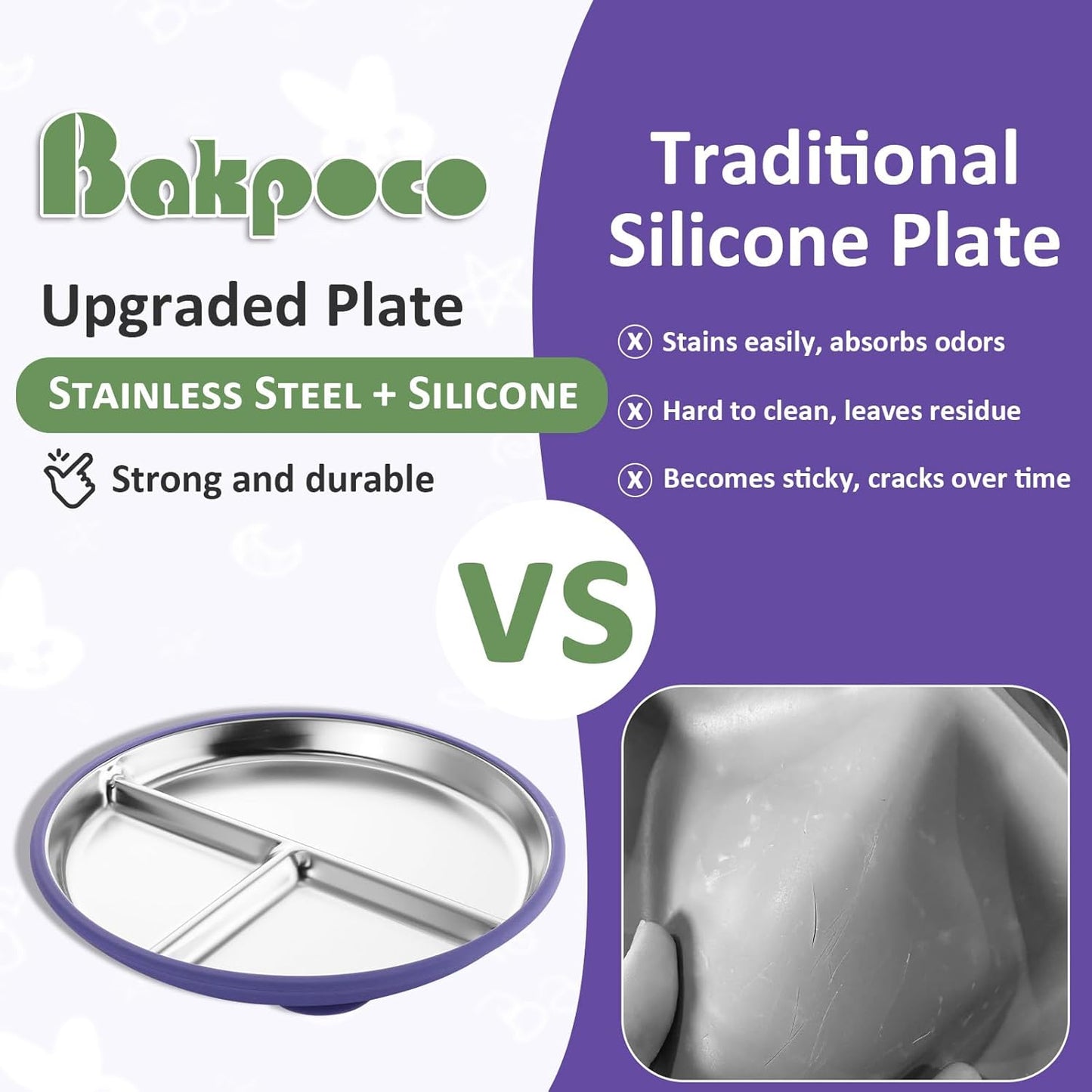Stainless Steel Toddler Plate with Suction, 9” Divided Plates with Removable Silicone Sleeves for Baby, Non Toxic & BPA Free | Non Slip | Unbreakable Kids Snack Dishes Set of 2, Green & Purple