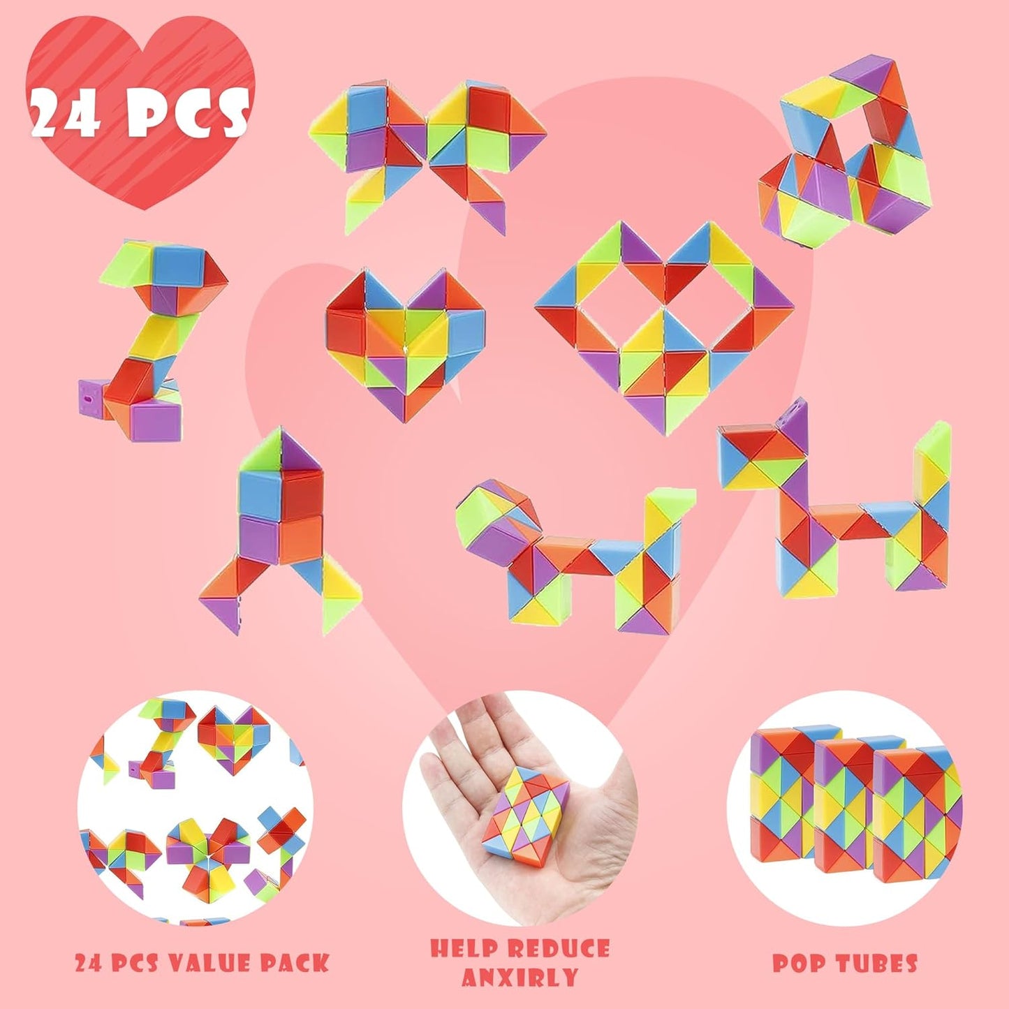 Ganowo 24 Packs Valentine's Day Cards with Rainbow Snake Cube Twist Toys for Kids, Valentines Students Gifts Fidget Toys with Cards for Valentine School Classroom Exchange Party Favor
