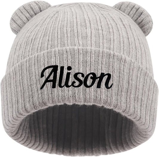 Personalized Baby Beanies Hats, Custom Embroidered Name Knitted Toddler Winter Bear Ear Hat