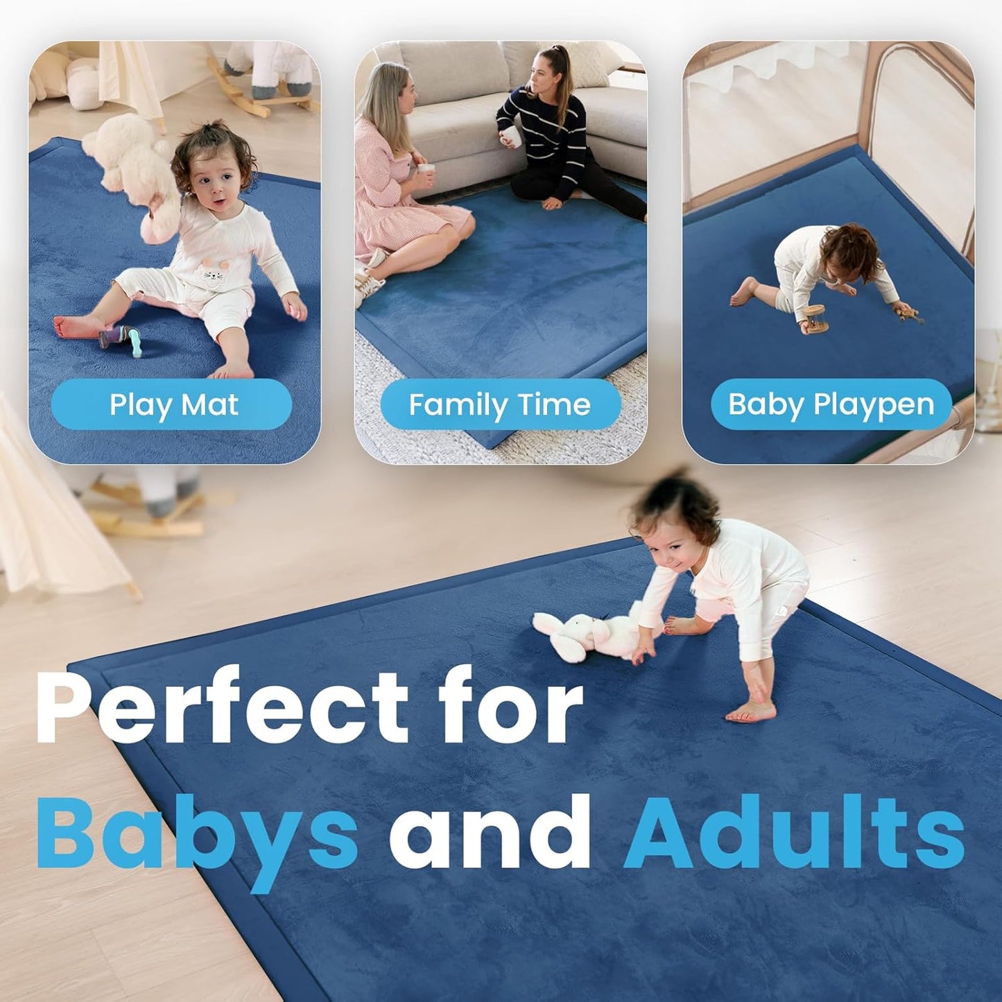 Ultra Soft Baby Play Mat,1.3" Thick Elasti-Foam 59"×71" Playpen Mat for Infants,Toddlers,Kids,Water-Repellent Coral Fleece Nursery Rug,Non-Slip Safe for Tummy Time&Crawling(Royal Blue)