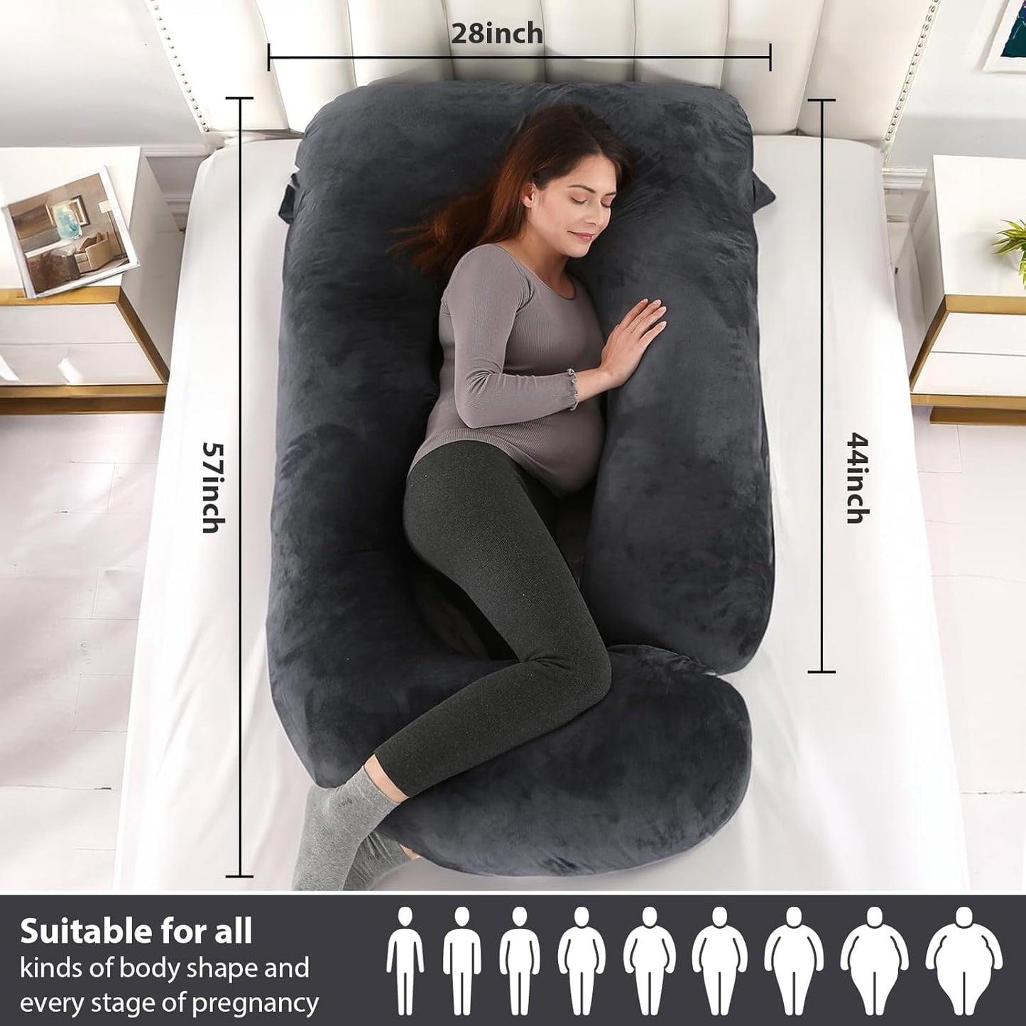 BATTOP Pregnancy Pillows for Sleeping, Full Body Maternity Pillow for Side Sleeping, Support for Back, Legs, Belly, HIPS, 57 Inch Pregnancy Pillow with Removable Cover, Black