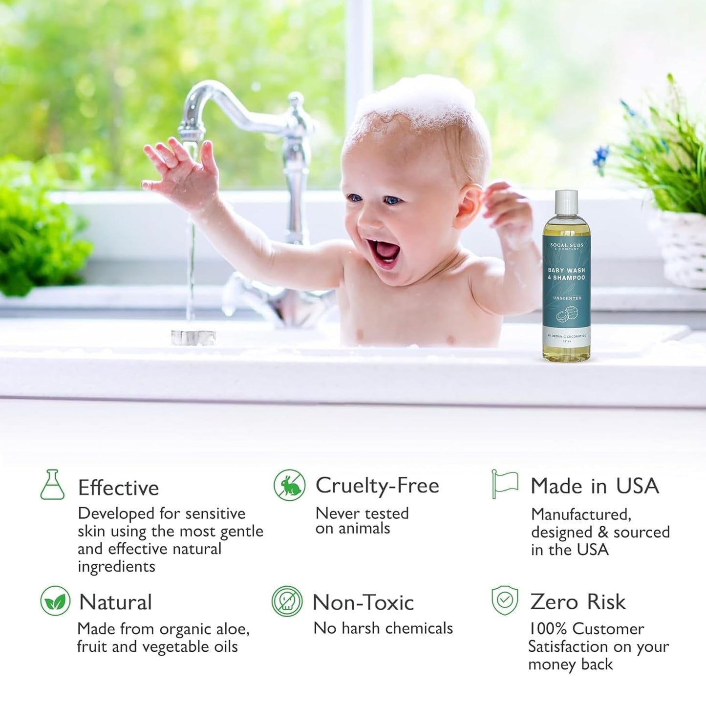 SoCal Suds & Company Baby Shampoo & Body Wash, 2-in-1 Organic Gel - Gentle Castile Soap with Vitamin-Infused Oils & Botanicals for Sensitive Skin & Body Hypoallergenic - 12oz Fragrance Free