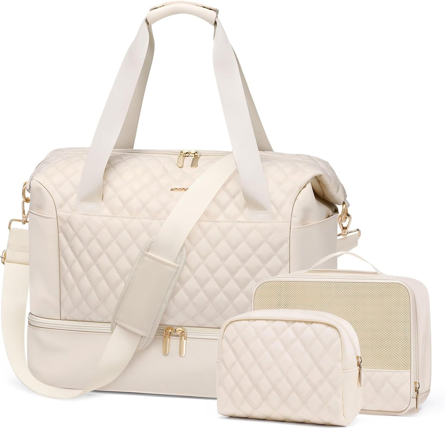 Travel Duffel Bags for Women Weekender Overnight Duffle Bag with Wet Pocket Shoes Compartment Carry on Tote Bag for Business,Trips,Travel,Sports,Gym,Yoga,Hospital,3 Pcs Set, 43L,Beige