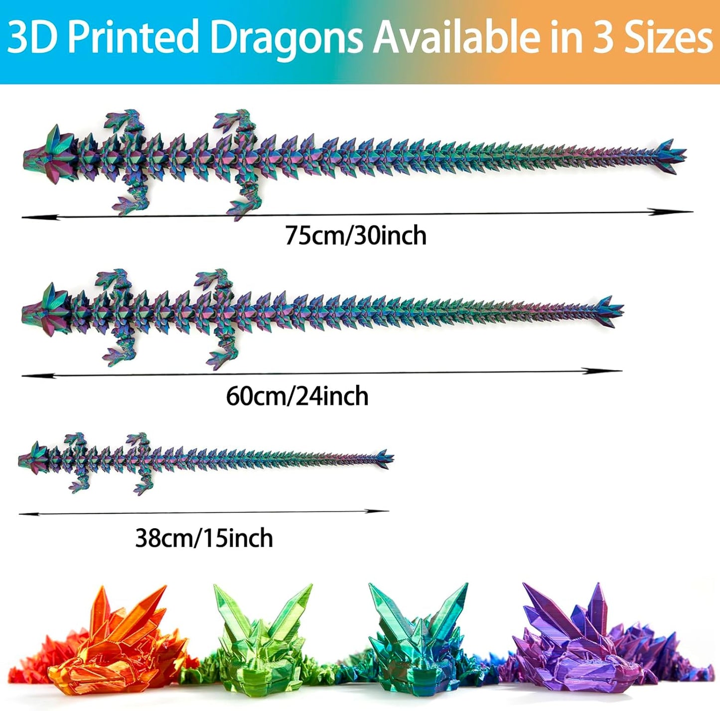3D Printed Dragon, 3D Dragon,24 Inch 3D Printed Fidget Dragon, Bigger Fidget Crystal Dragon Toys, 3D Printed Articulated Dragon for Home Office Car Desk Decor Toys (Red Yellow Blue)