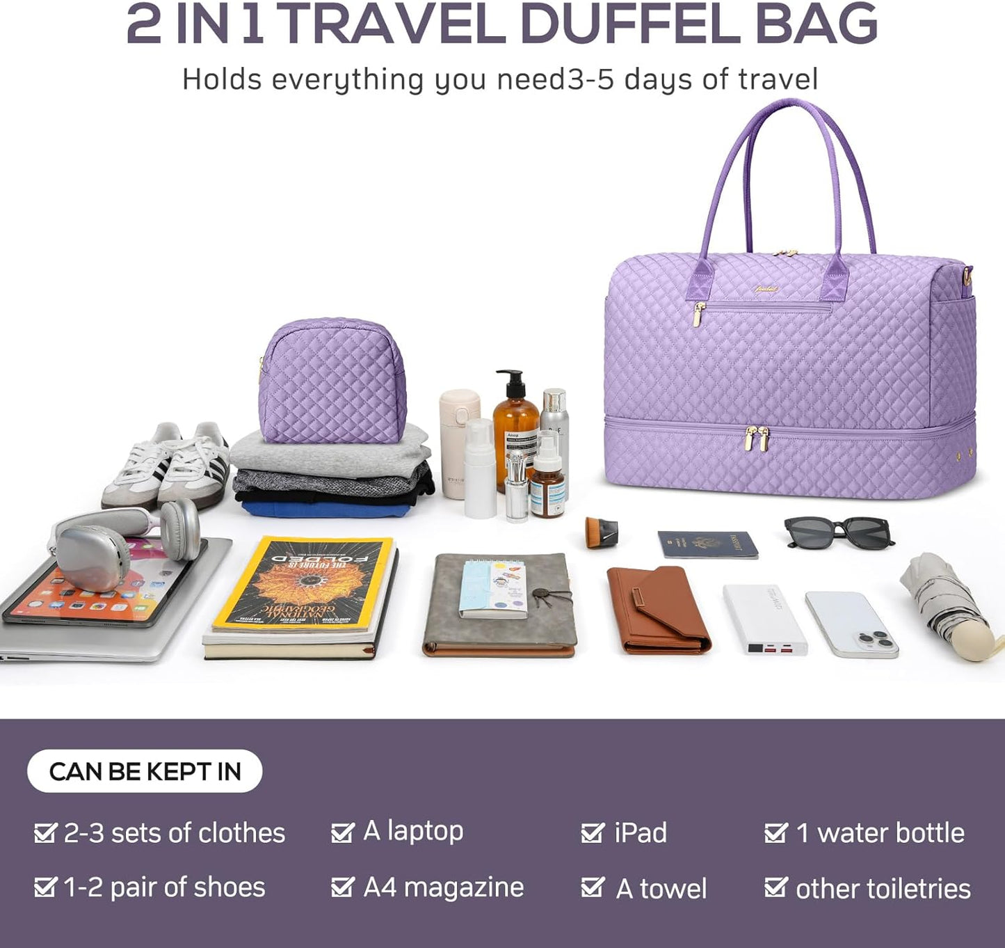 Travel Bag Weekender Bags for Women - Carry on Overnight Bag with Shoe Compartment Duffle Bag with Laptop Pocket Light Purple