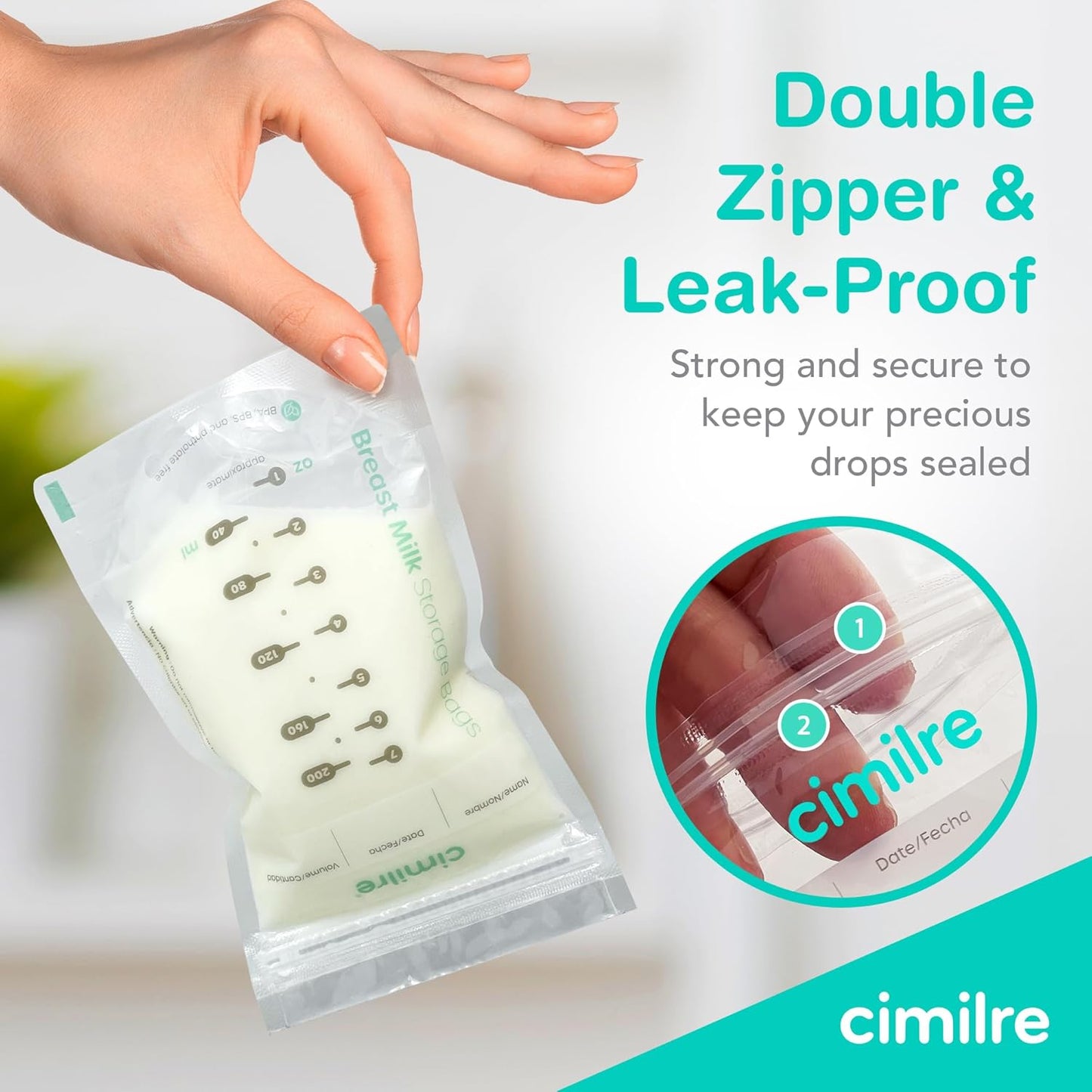 Breast Milk Storage Bags by Cimilre, Leak-Proof Breastmilk Storage Bags, Freeze Flat or Standing, 7 oz. Bags (120 Pack)
